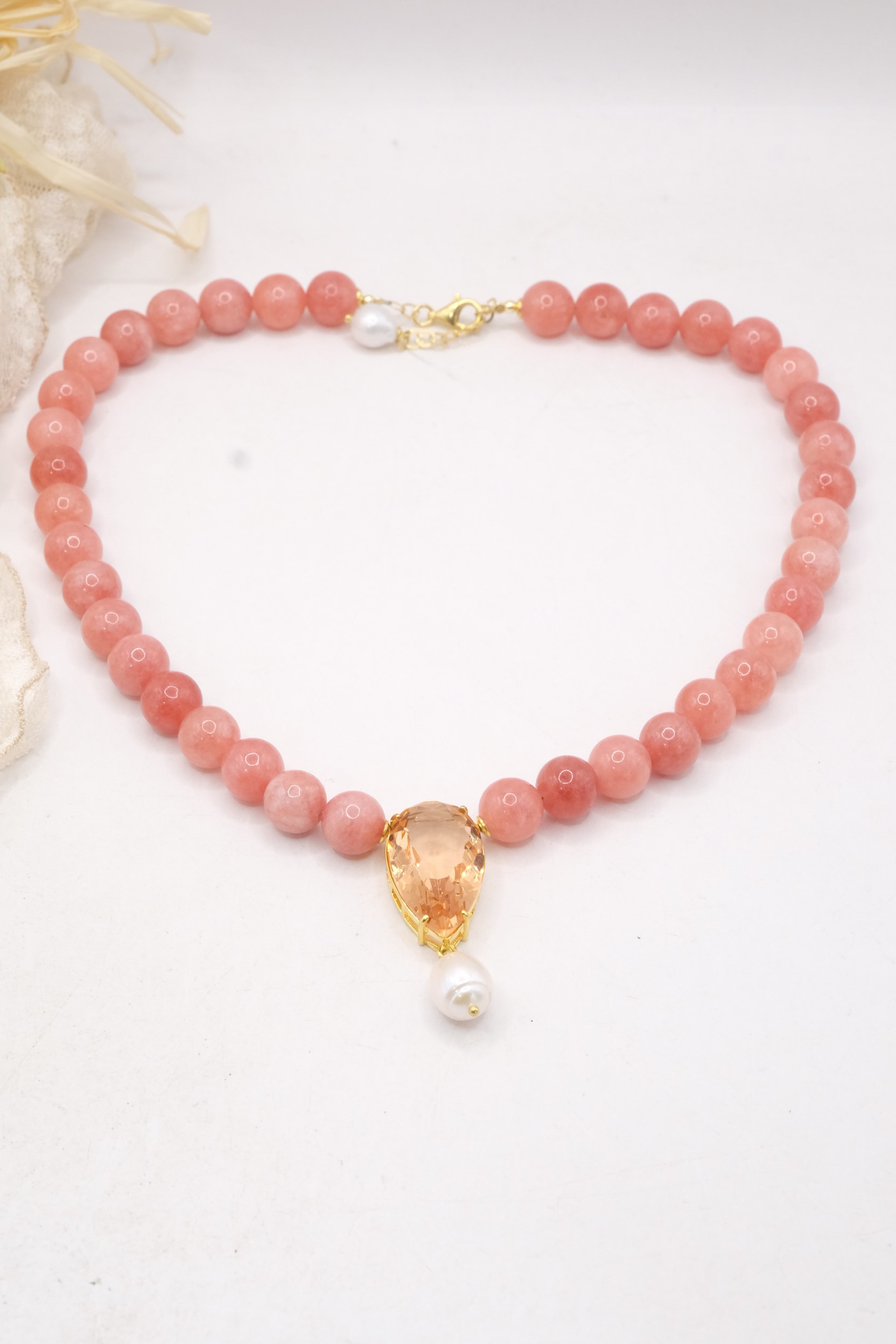 COLLANA GIADA ROSA ANTICO GOCCIA CRISTALLO PERLA NATURALE ARGENTO 925 PLACCATO ORO (1)