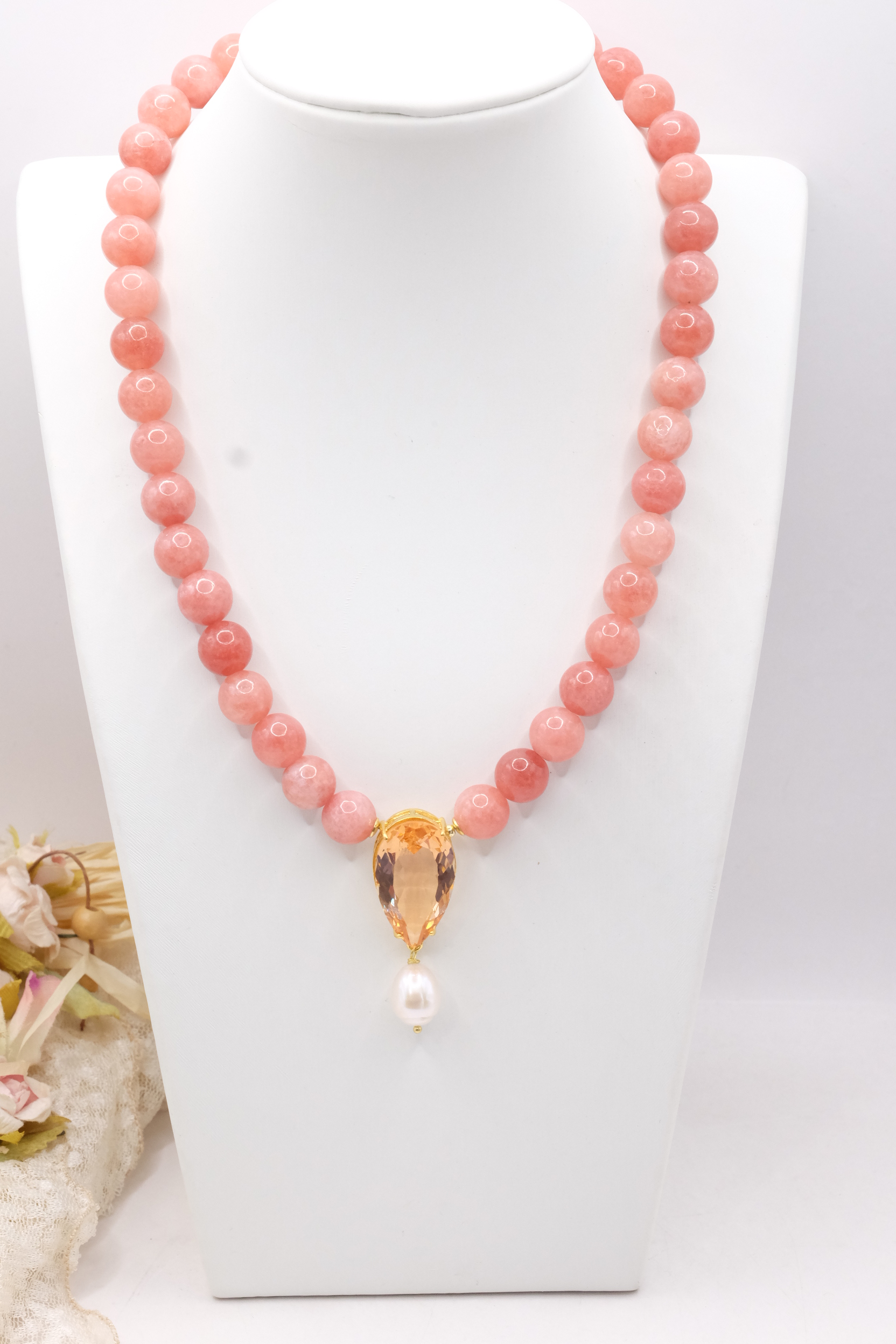 COLLANA GIADA ROSA ANTICO GOCCIA CRISTALLO PERLA NATURALE ARGENTO 925 PLACCATO ORO (2)