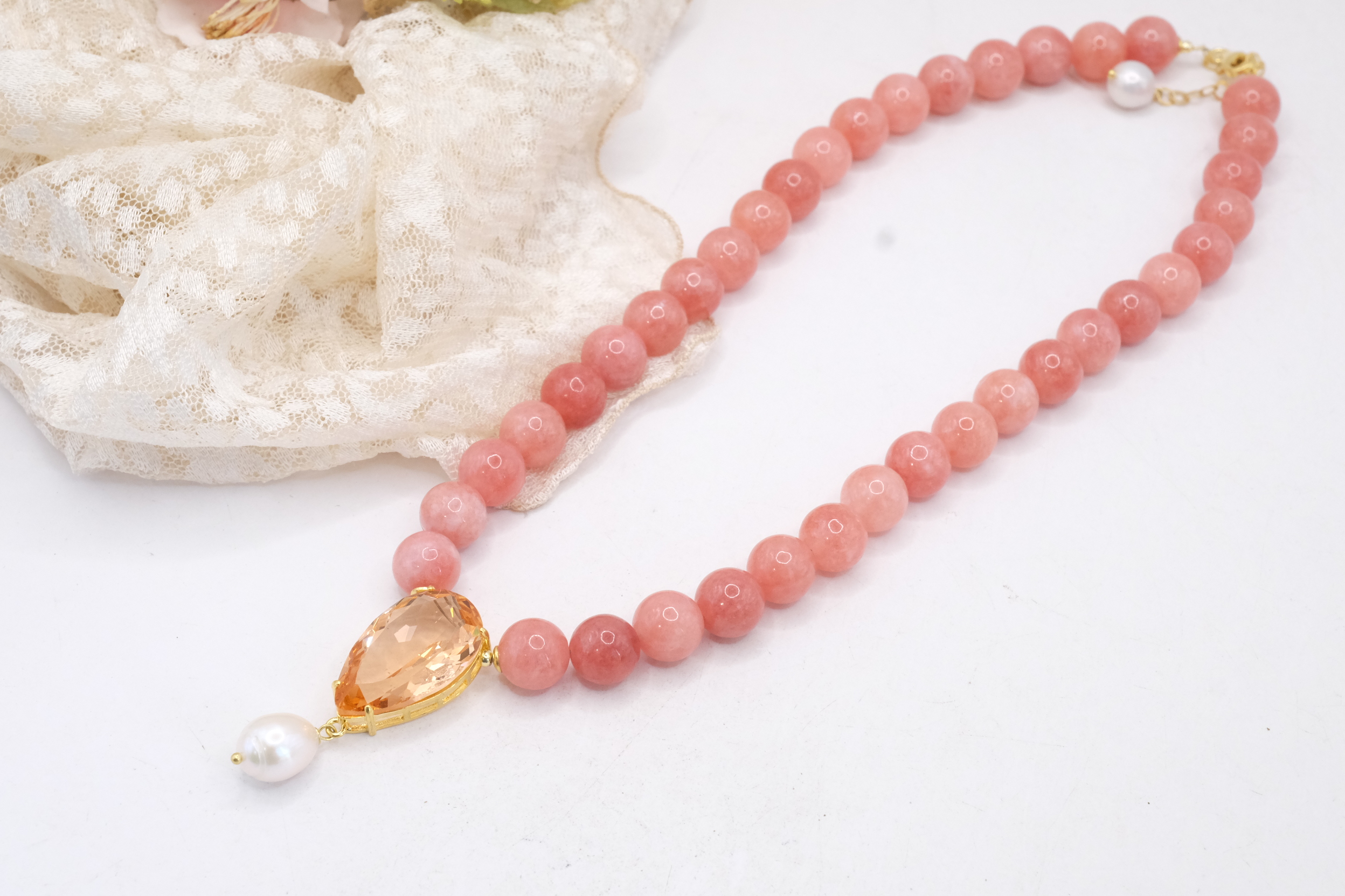 COLLANA GIADA ROSA ANTICO GOCCIA CRISTALLO PERLA NATURALE ARGENTO 925 PLACCATO ORO (3)