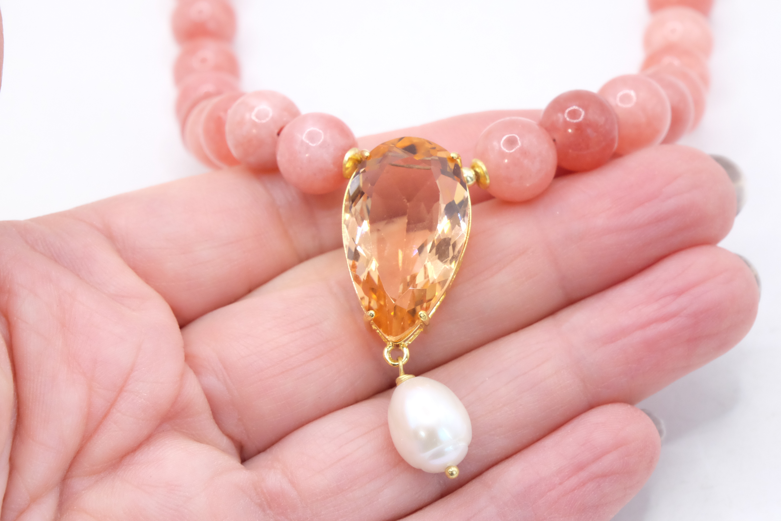 COLLANA GIADA ROSA ANTICO GOCCIA CRISTALLO PERLA NATURALE ARGENTO 925 PLACCATO ORO (6)