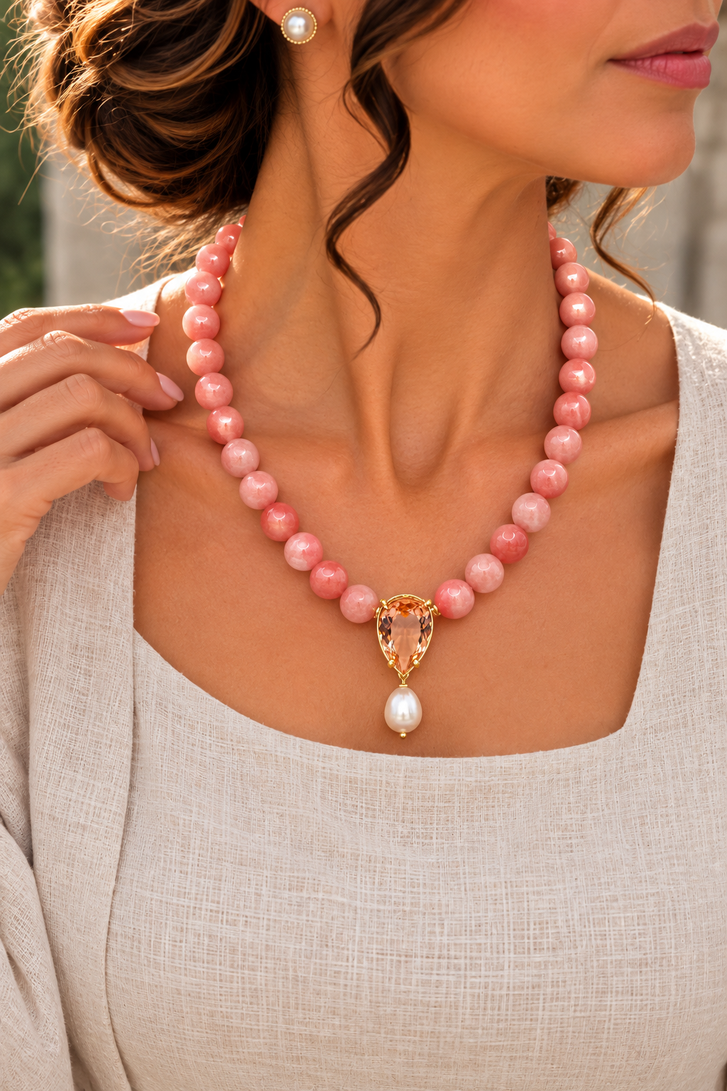 COLLANA GIADA ROSA ANTICO GOCCIA CRISTALLO PERLA NATURALE ARGENTO 925 PLACCATO ORO