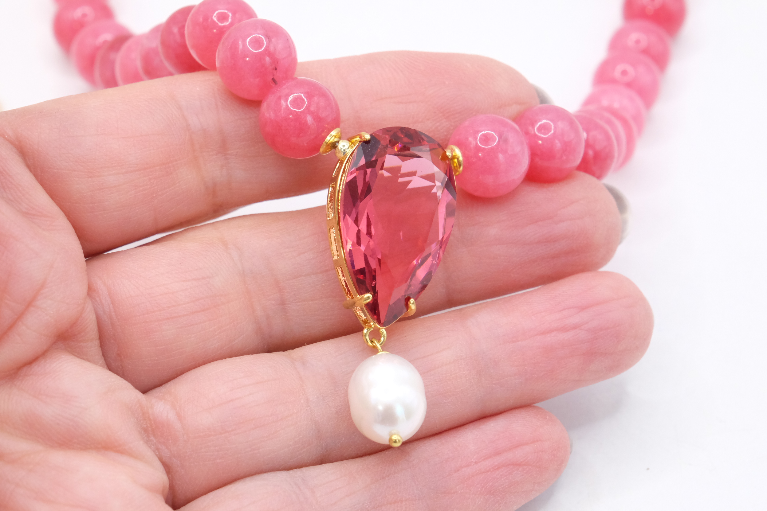 COLLANA GIADA ROSA GOCCIA CRISTALLO PERLA NATURALE ARGENTO 925 PLACCATO ORO (6)