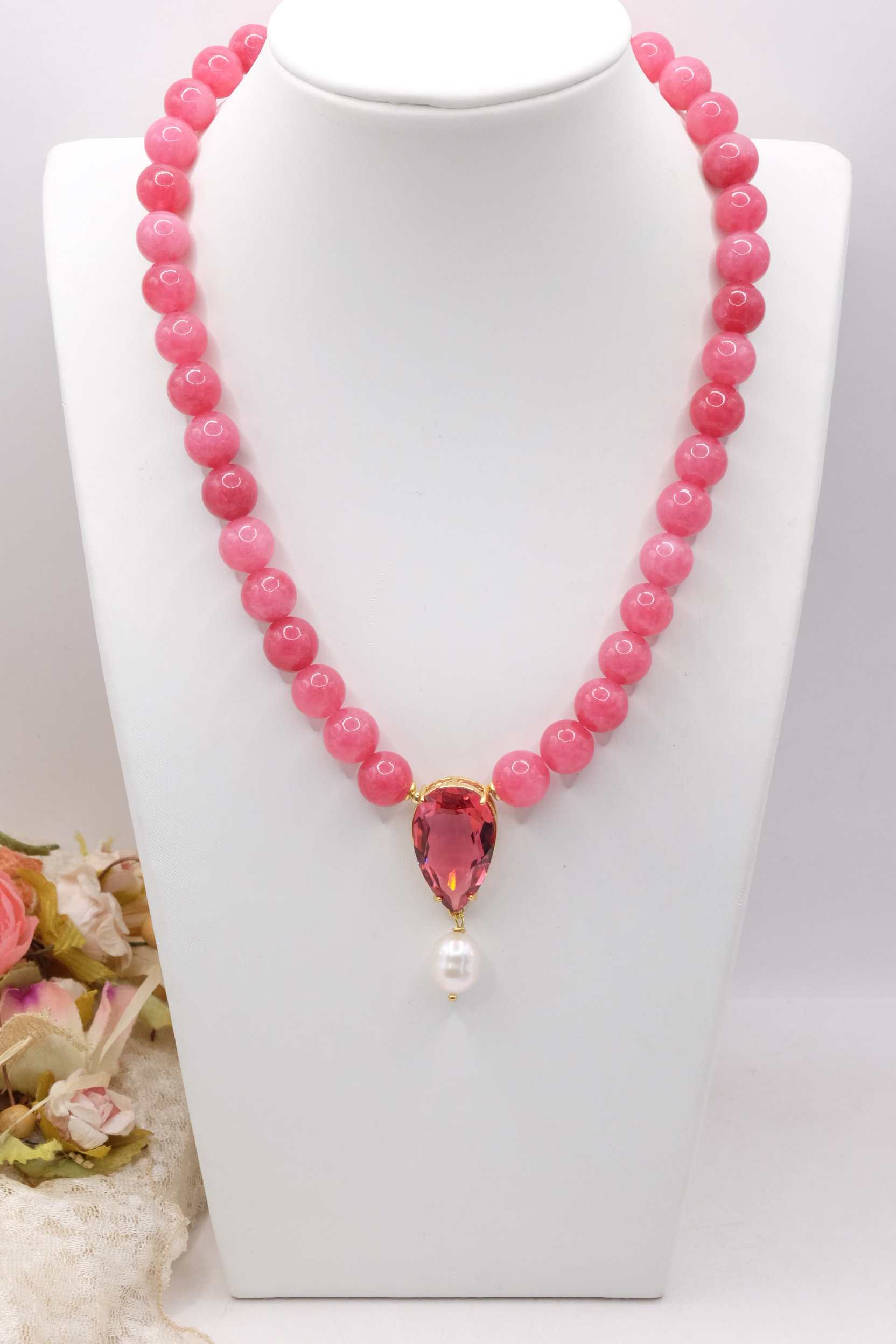 COLLANA GIADA ROSA GOCCIA CRISTALLO PERLA NATURALE ARGENTO 925 PLACCATO ORO (7)