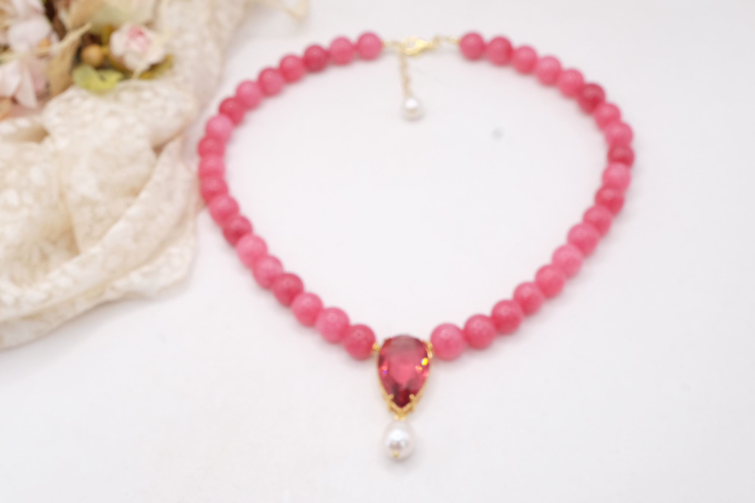 COLLANA GIADA ROSA GOCCIA CRISTALLO PERLA NATURALE ARGENTO 925 PLACCATO ORO (8)