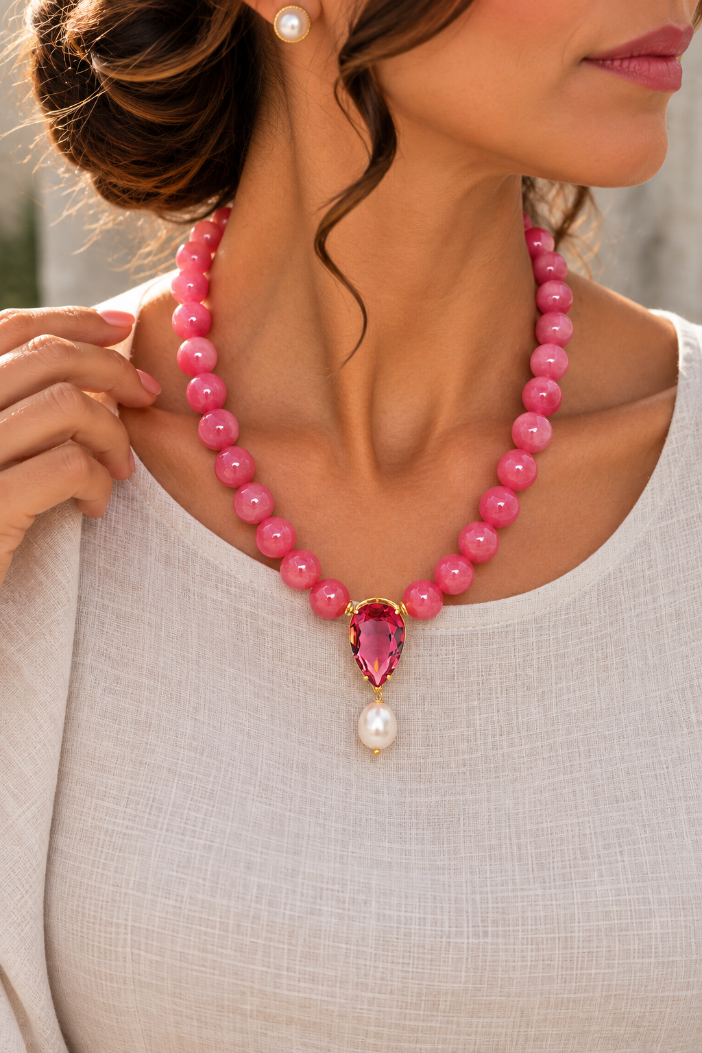 COLLANA GIADA ROSA GOCCIA CRISTALLO PERLA NATURALE ARGENTO 925 PLACCATO ORO