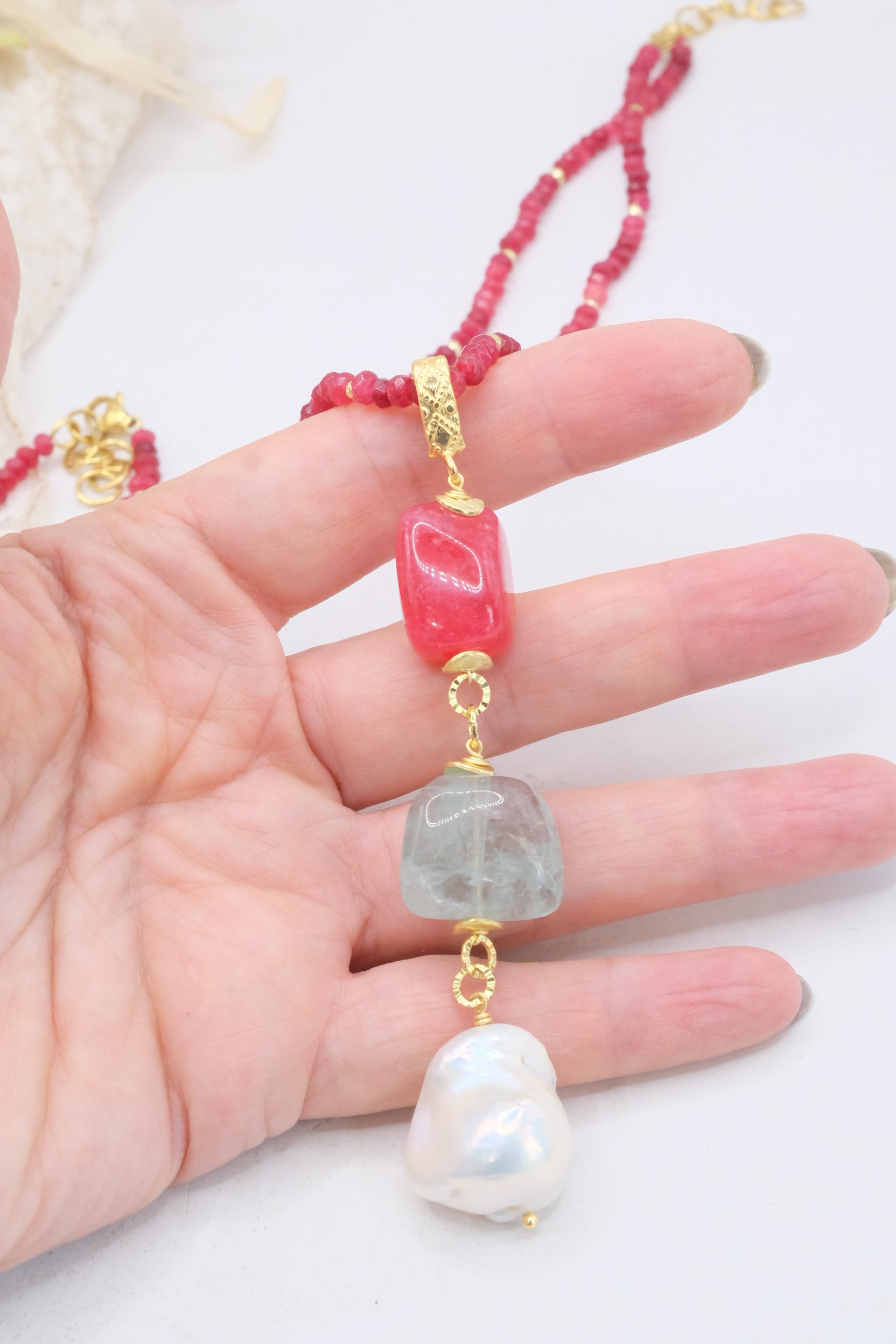 COLLANA GIADA RUBINO FLUORITE VERDE PERLA NATURALE ARTIGIANALE (1)