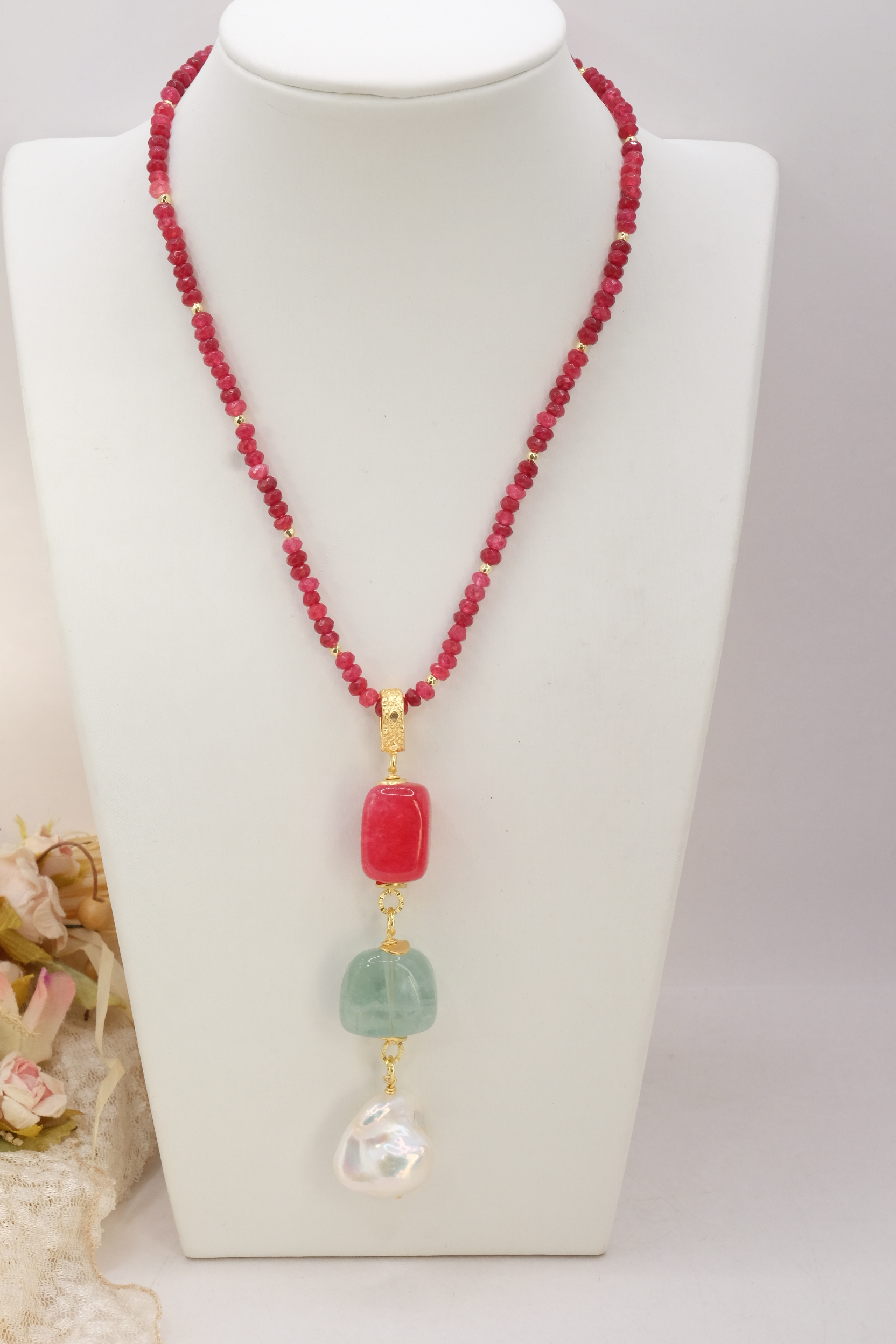 COLLANA GIADA RUBINO FLUORITE VERDE PERLA NATURALE ARTIGIANALE (2)