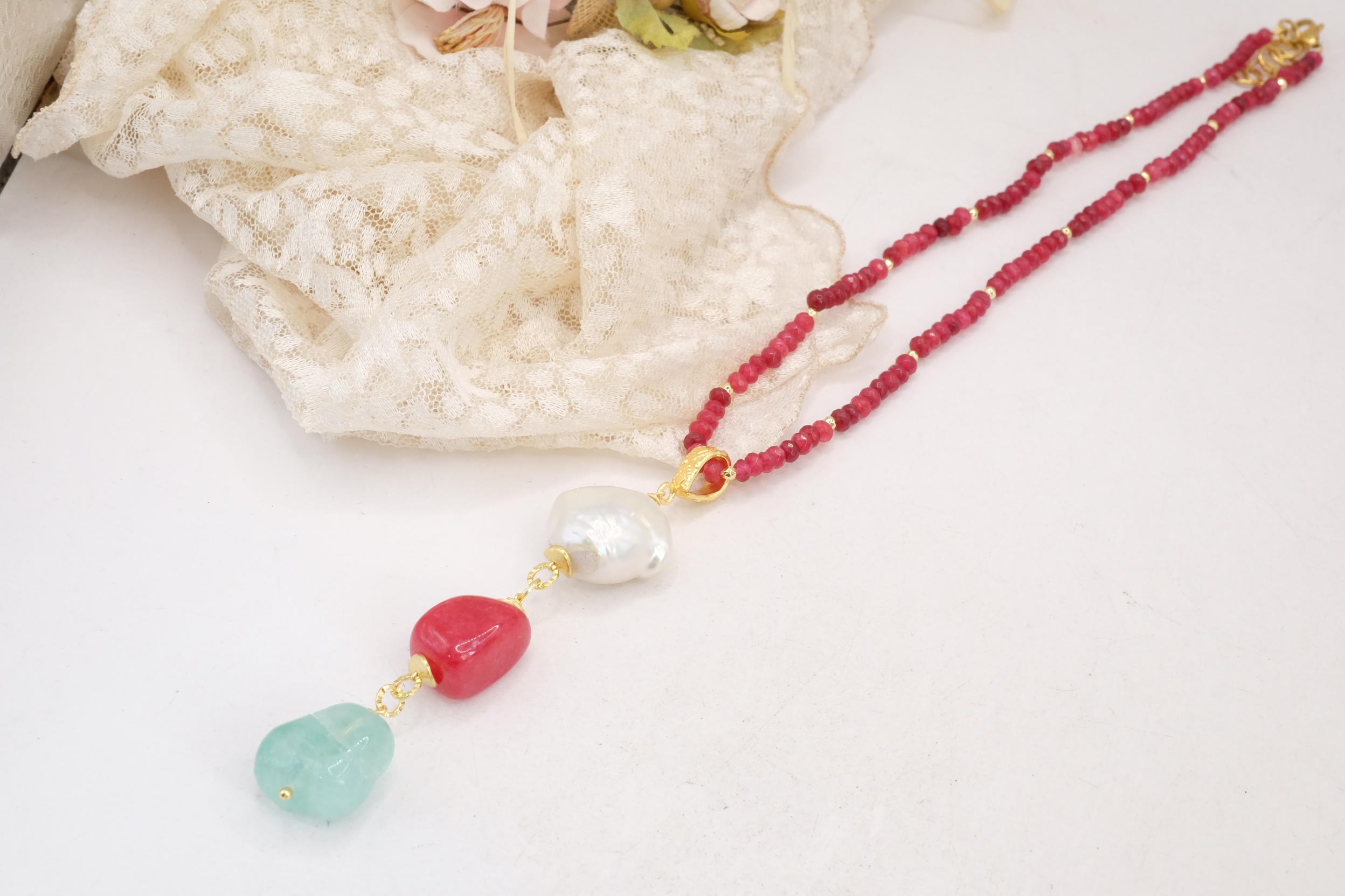 COLLANA GIADA RUBINO FLUORITE VERDE PERLA NATURALE ARTIGIANALE (3)
