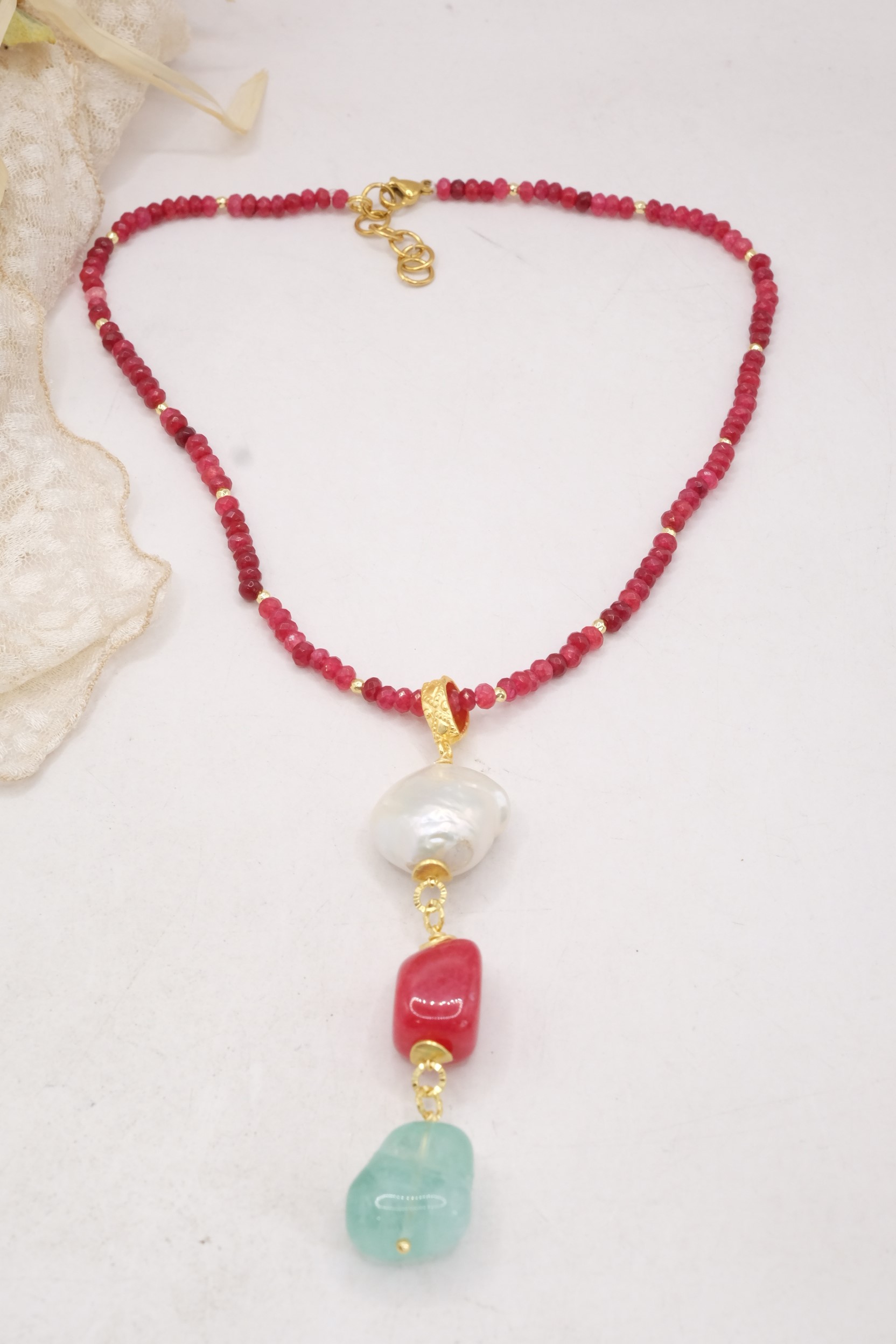 COLLANA GIADA RUBINO FLUORITE VERDE PERLA NATURALE ARTIGIANALE (5)
