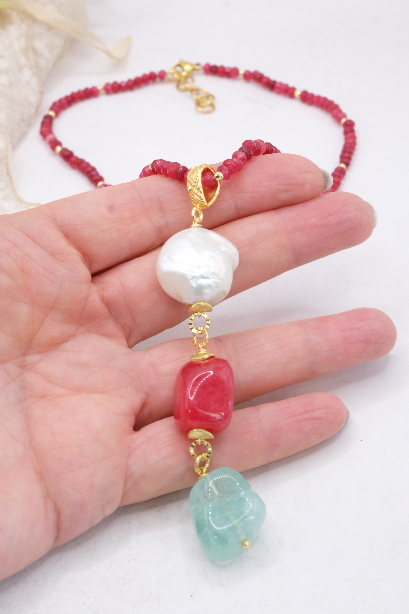 COLLANA GIADA RUBINO FLUORITE VERDE PERLA NATURALE ARTIGIANALE (6)