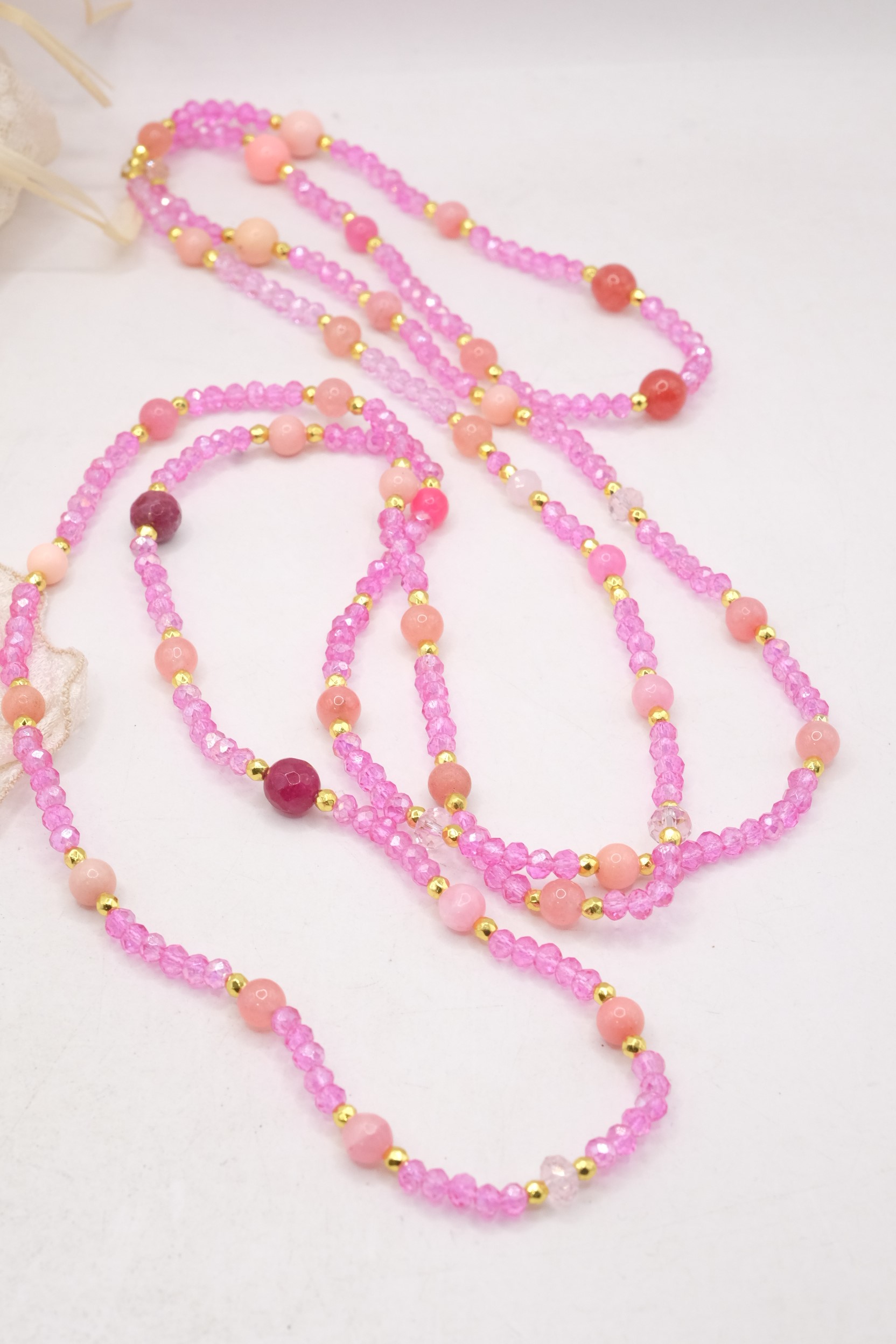 COLLANA LUNGA CRISTALLI ROSA INTENSO PIETRE DURE ARTIGIANALE (1)