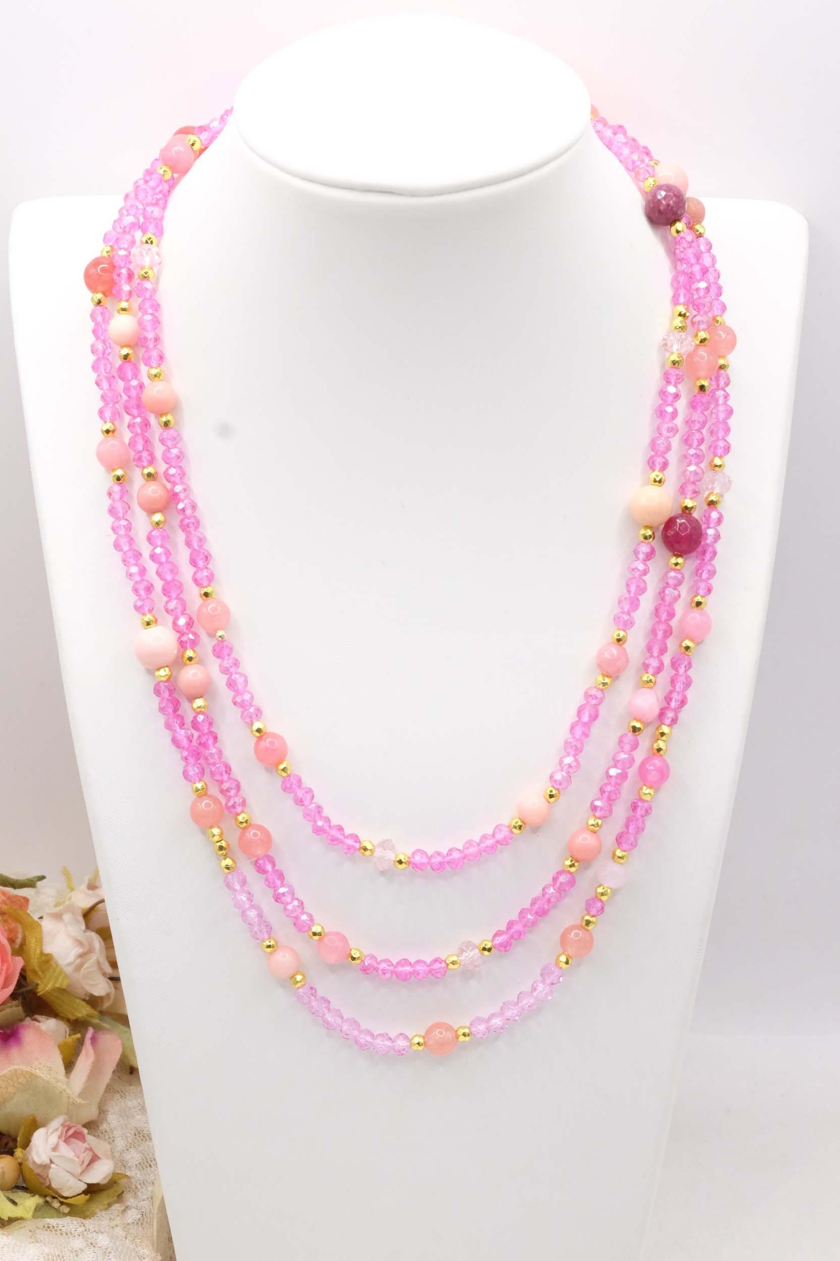 COLLANA LUNGA CRISTALLI ROSA INTENSO PIETRE DURE ARTIGIANALE (4)