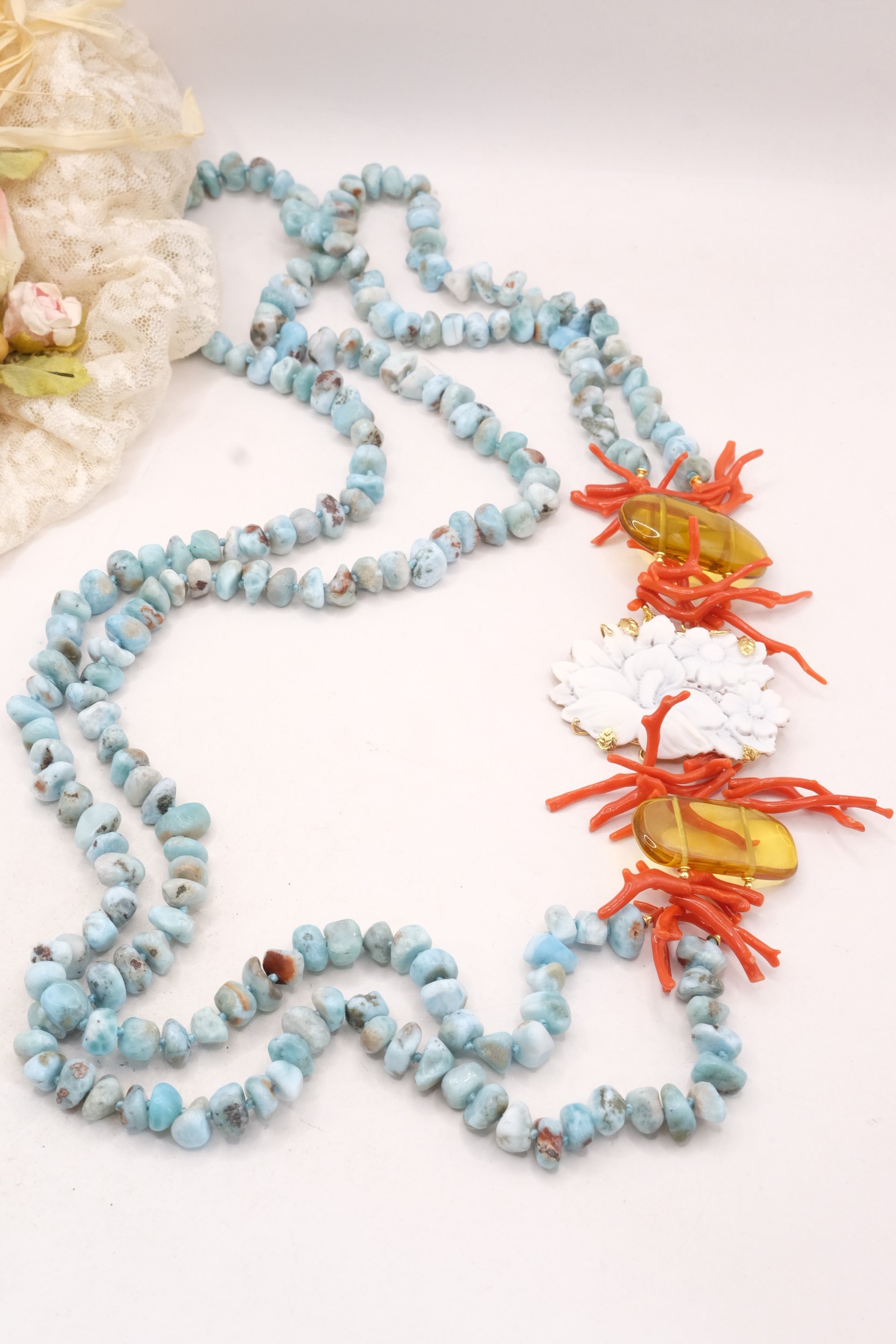 COLLANA LUNGA LARIMAR AMBRA CORALLO NATURALE CAMMEO ARGENTO ARTIGIANALE TORRE DEL GRECO (1)