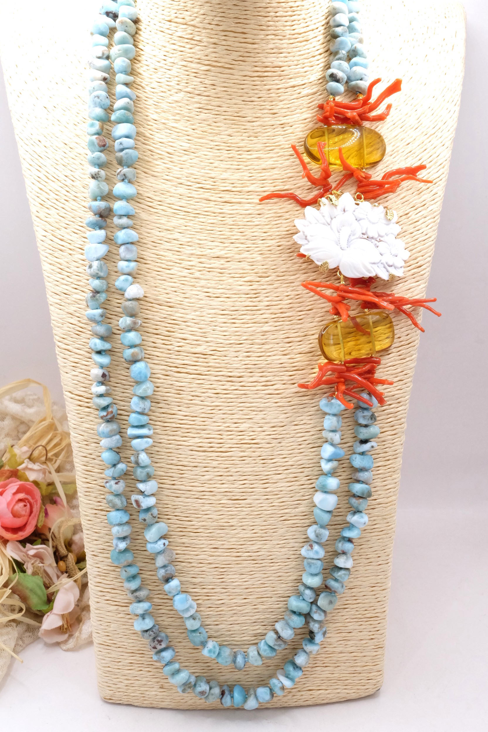 COLLANA LUNGA LARIMAR AMBRA CORALLO NATURALE CAMMEO ARGENTO ARTIGIANALE TORRE DEL GRECO (2)