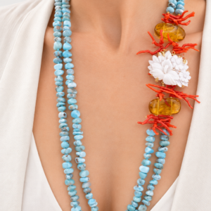 Collana 2 Fili Larimar Corallo Ambra Cammeo di Torre del Greco Argento