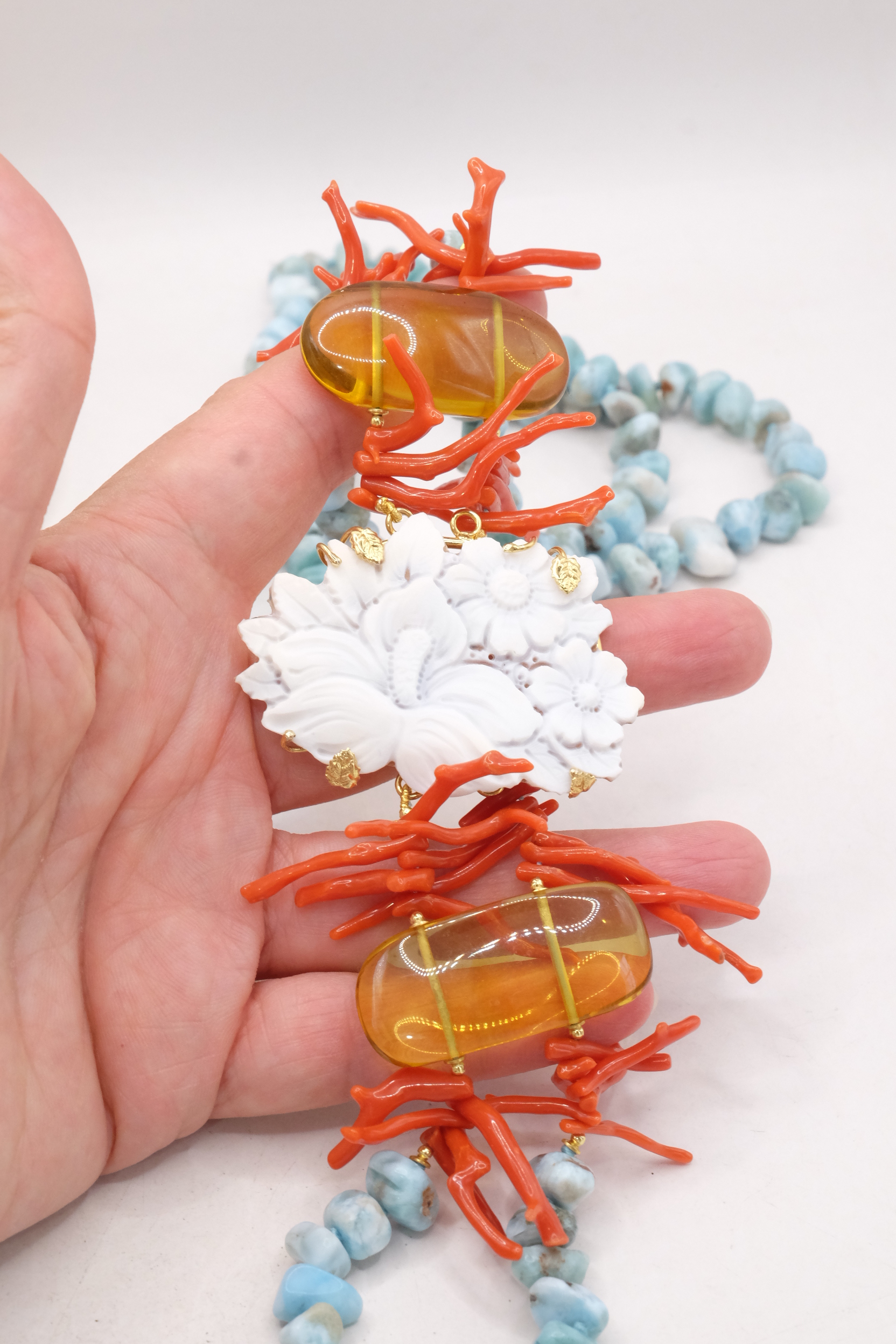 COLLANA LUNGA LARIMAR AMBRA CORALLO NATURALE CAMMEO ARGENTO ARTIGIANALE TORRE DEL GRECO (4)