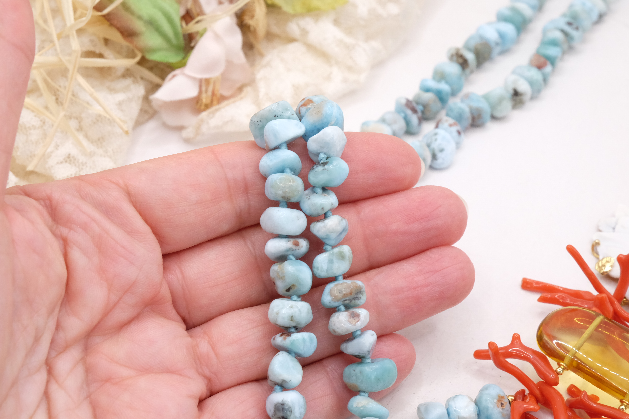 COLLANA LUNGA LARIMAR AMBRA CORALLO NATURALE CAMMEO ARGENTO ARTIGIANALE TORRE DEL GRECO (5)