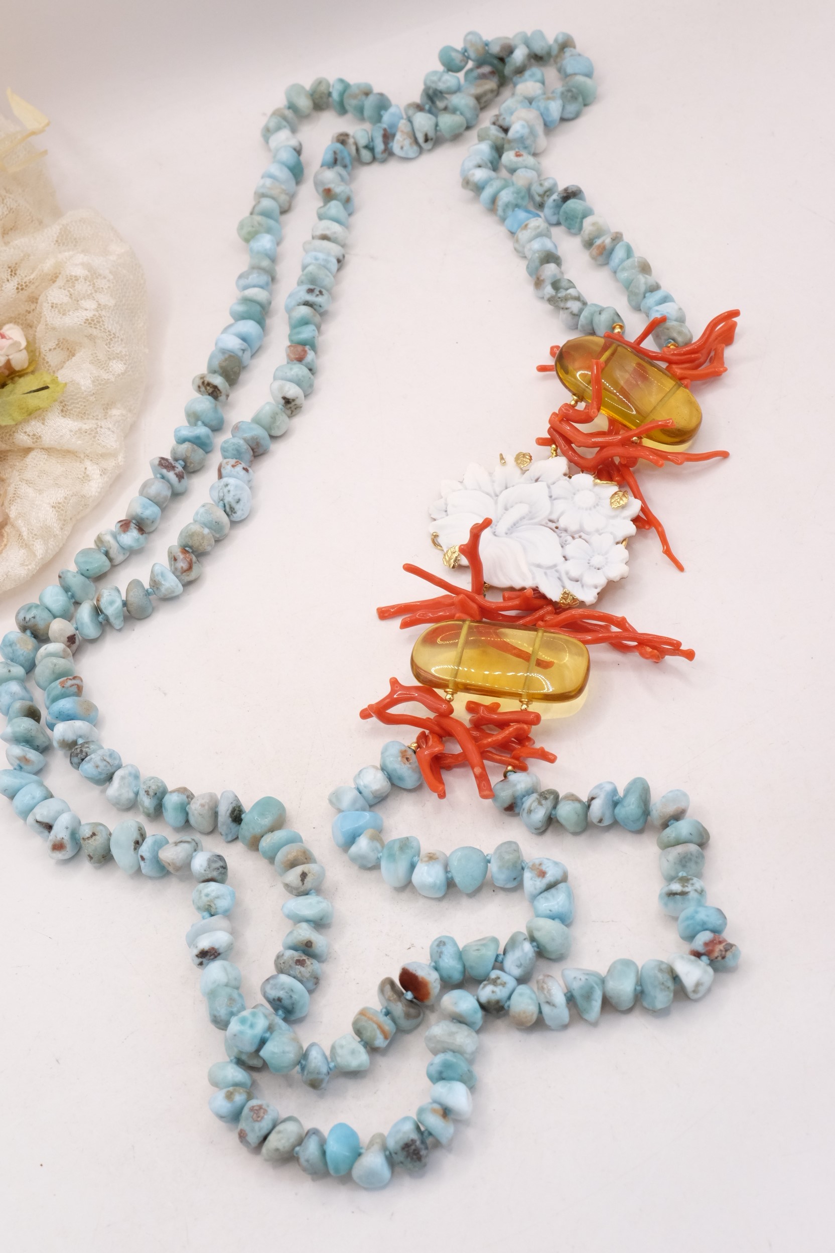 COLLANA LUNGA LARIMAR AMBRA CORALLO NATURALE CAMMEO ARGENTO ARTIGIANALE TORRE DEL GRECO (6)