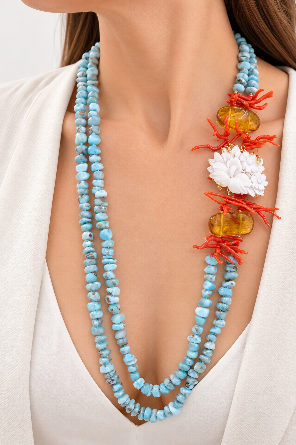 COLLANA LUNGA LARIMAR AMBRA CORALLO NATURALE CAMMEO ARGENTO ARTIGIANALE TORRE DEL GRECO