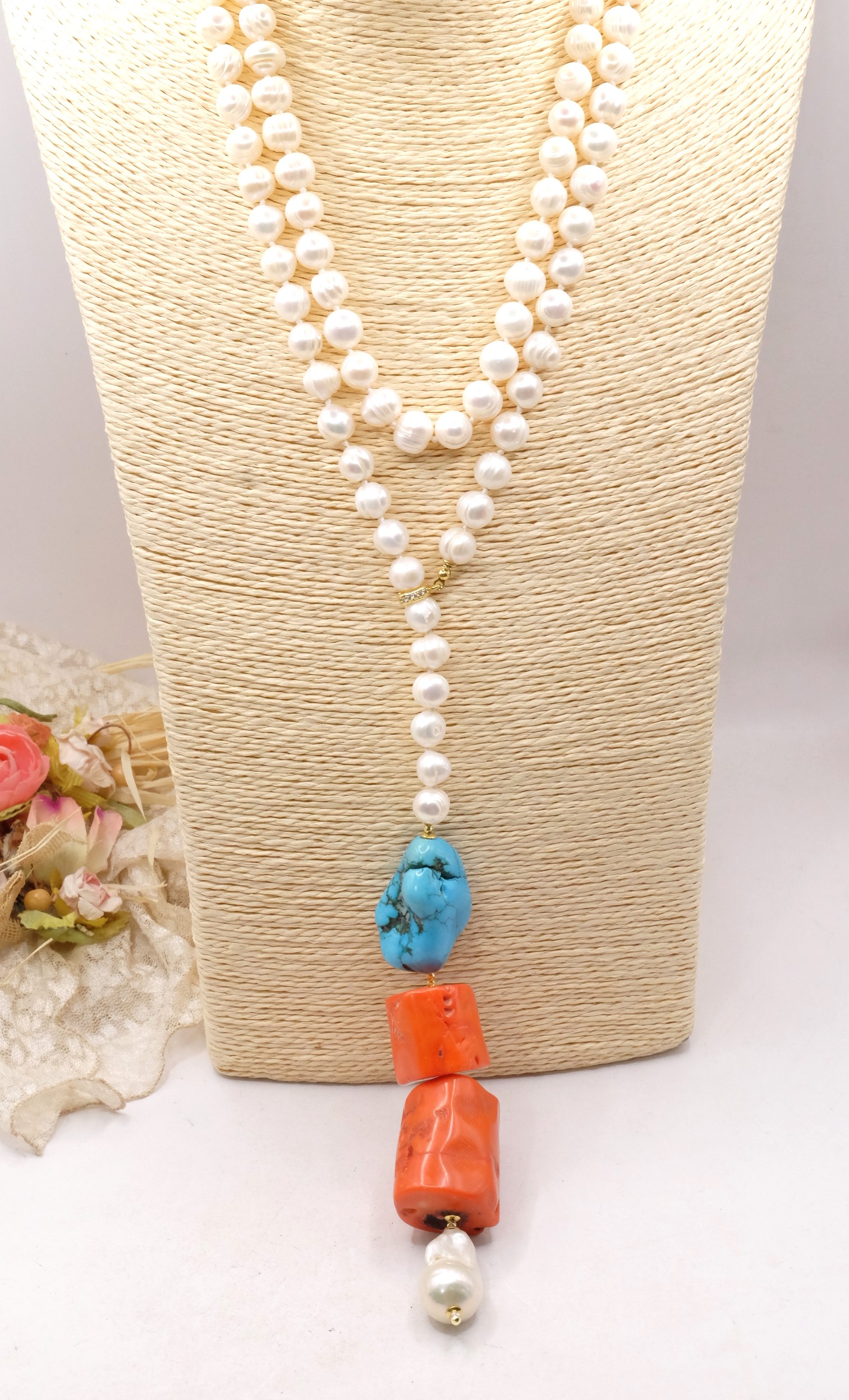 COLLANA LUNGA PERLE CORALLO BAMBOO TURCHESE ARTIGIANALE (2)