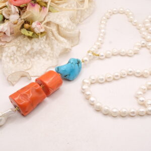 Collana Lunga Perle Corallo Turchese Versatile