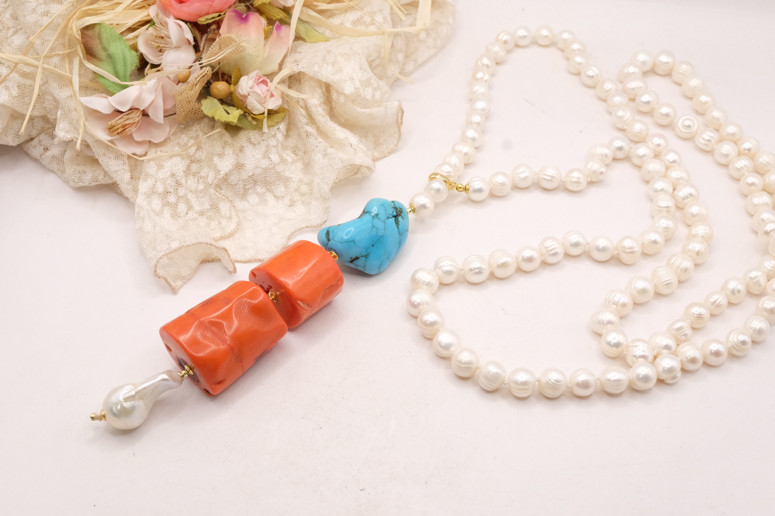 COLLANA LUNGA PERLE CORALLO BAMBOO TURCHESE ARTIGIANALE (3)