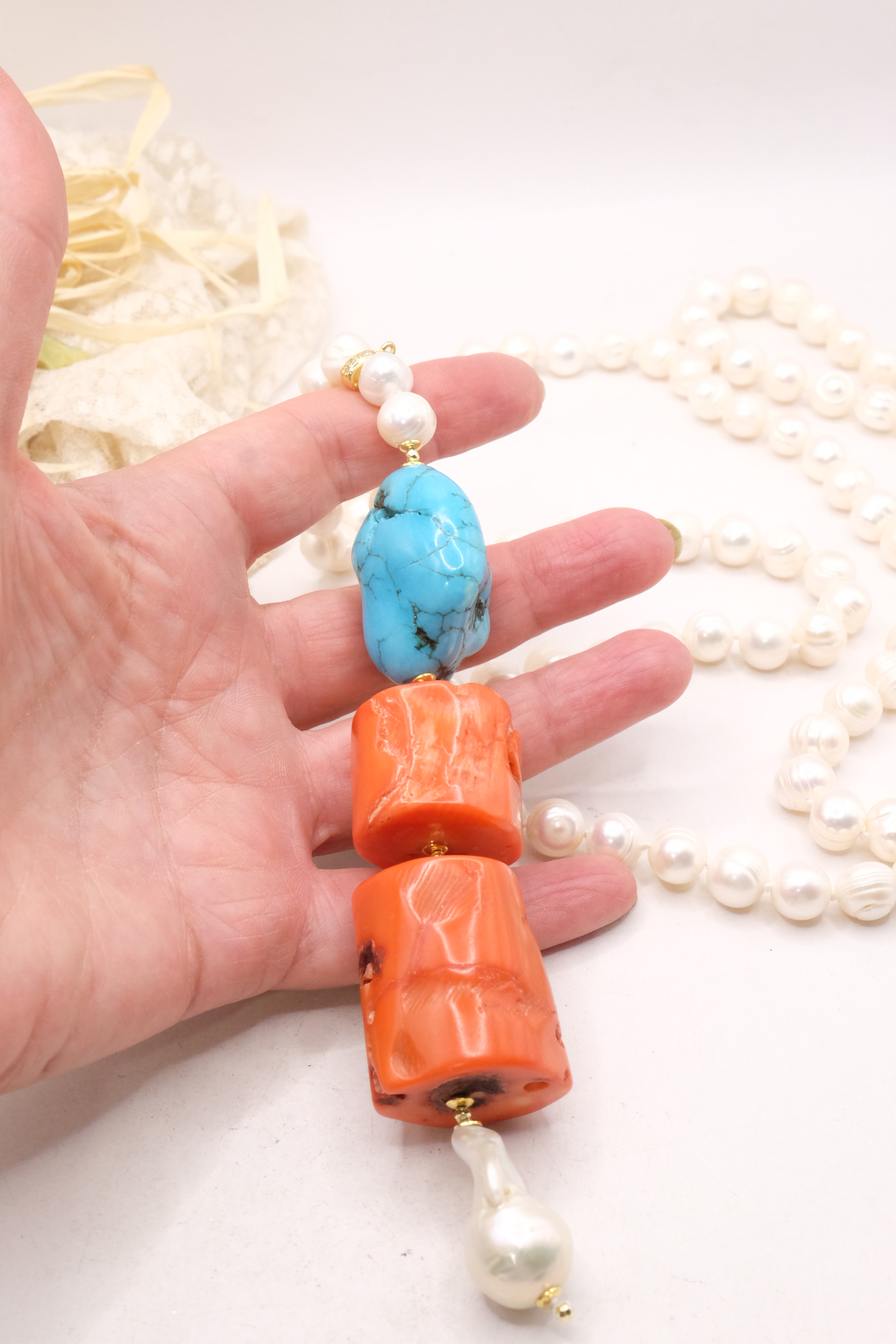 COLLANA LUNGA PERLE CORALLO BAMBOO TURCHESE ARTIGIANALE (4)