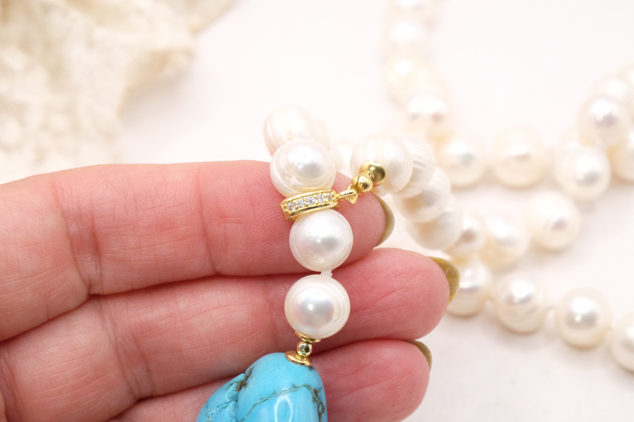 COLLANA LUNGA PERLE CORALLO BAMBOO TURCHESE ARTIGIANALE (5)