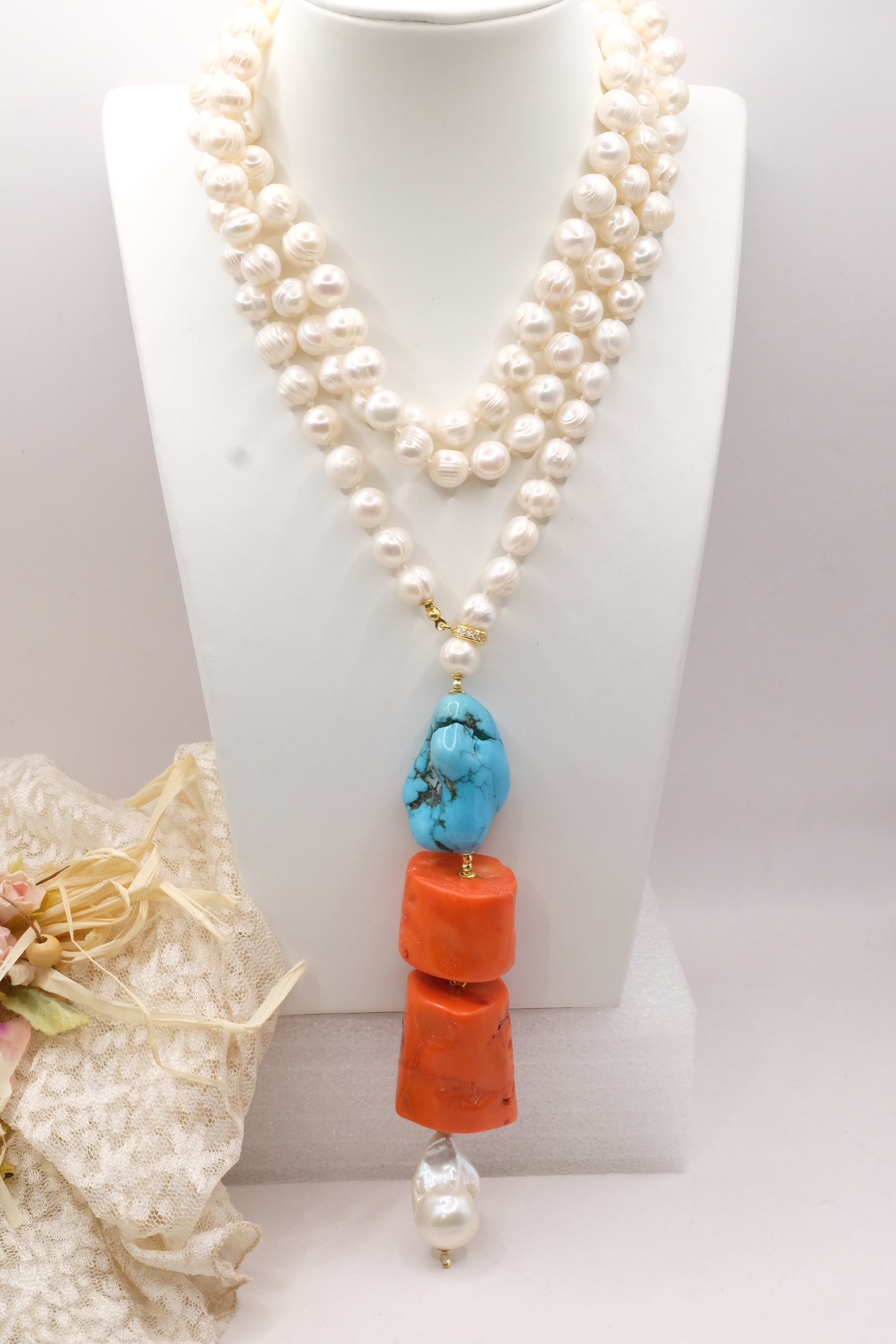 COLLANA LUNGA PERLE CORALLO BAMBOO TURCHESE ARTIGIANALE (7)