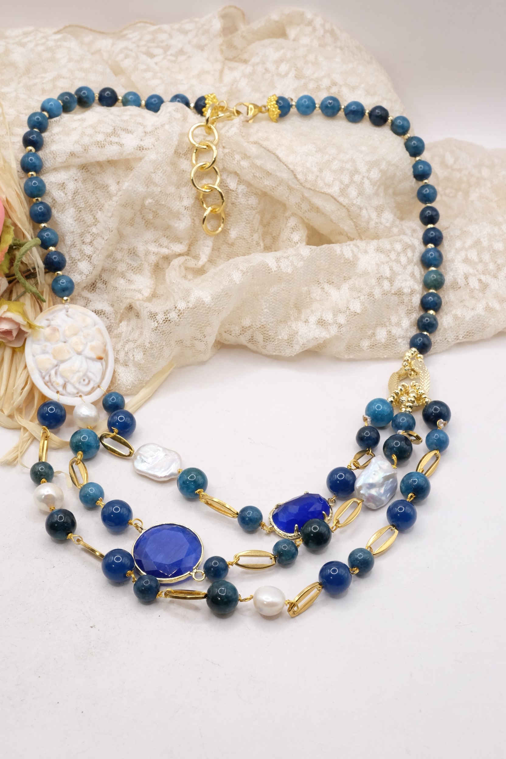 MULTI-STRING APATITE CAMEO NECKLACE BY TORRE DEL GRECO WITH NATURAL PEARLS, HANDMADE (1)
