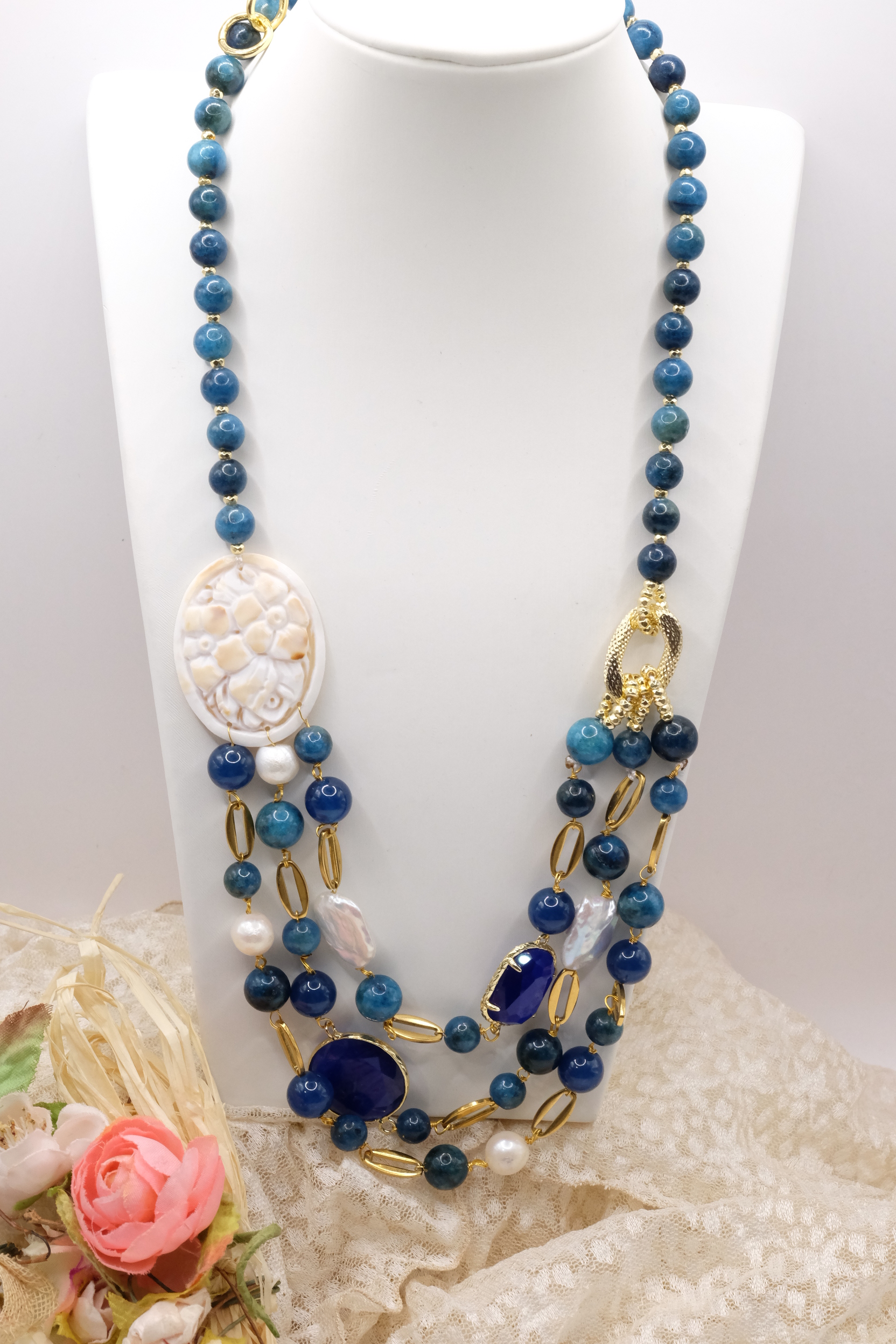 MULTI-STRING APATITE CAMEO NECKLACE BY TORRE DEL GRECO WITH NATURAL PEARLS, HANDMADE (2)