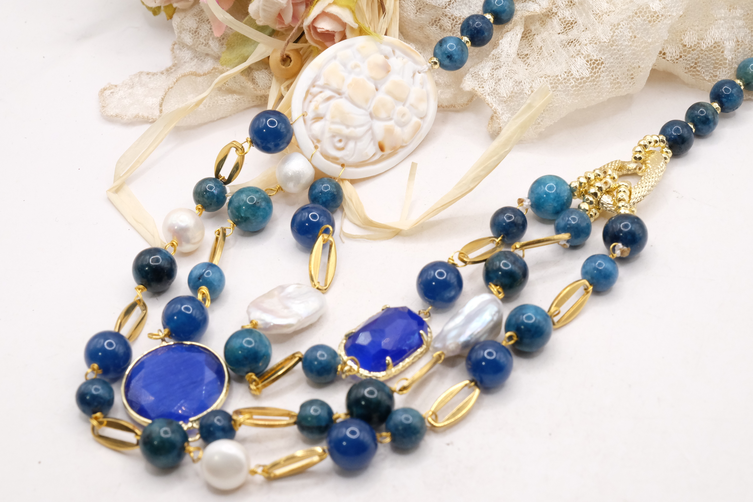 MULTI-STRING APATITE CAMEO NECKLACE BY TORRE DEL GRECO WITH NATURAL PEARLS, HANDMADE (3)