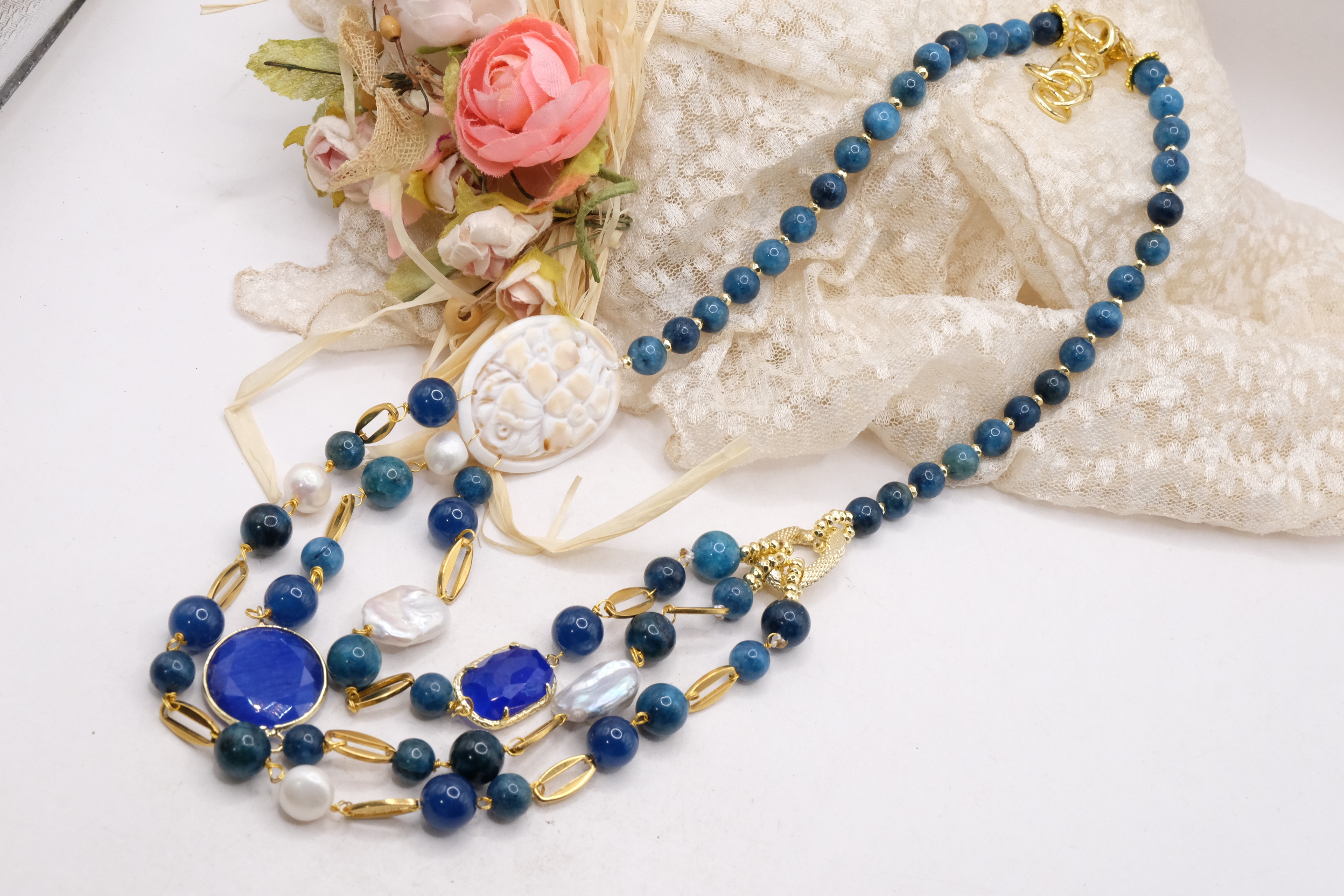 MULTI-STRING APATITE CAMEO NECKLACE BY TORRE DEL GRECO WITH NATURAL PEARLS, HANDMADE (4)