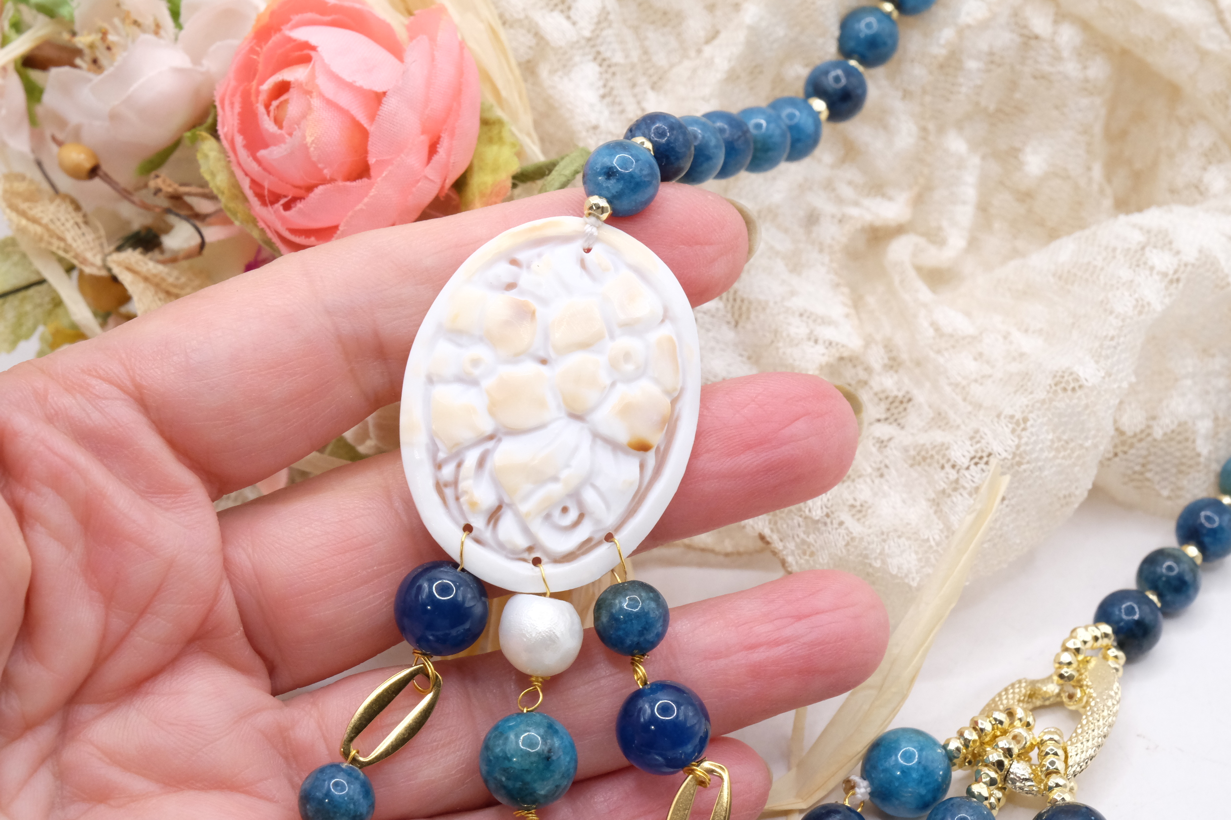 MULTI-STRING APATITE CAMEO NECKLACE BY TORRE DEL GRECO WITH NATURAL PEARLS, HANDMADE (6)