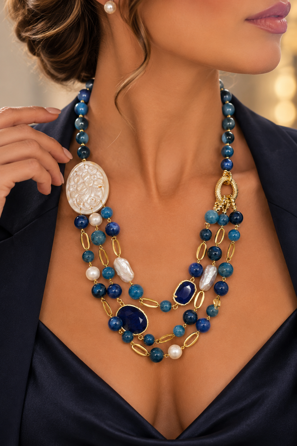 Multi-Strand Necklace with Apatite Cameo from Torre del Greco and Handcrafted Natural Pearls