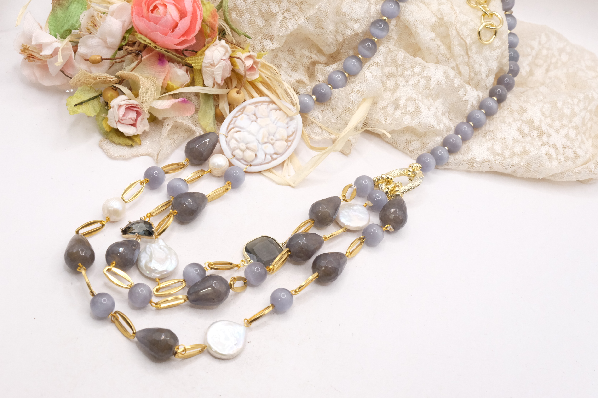 COLLANA MULTIFILO OCCHIO DI GATTO AGATA GRIGIA CAMMEO DI TORRE DEL GRECO PERLE NATURALI ARTIGIANALE (8)