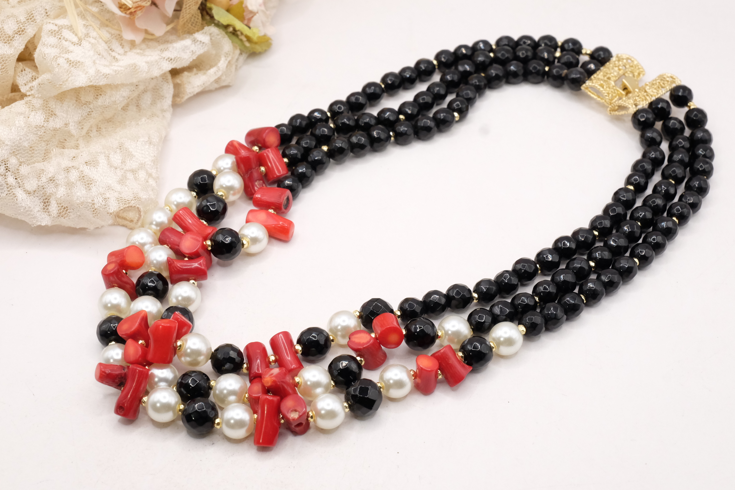 COLLANA MULTIFILO ONICE PERLE CORALLO BAMBOO FILIGRANA ARTIGIANALE (1)