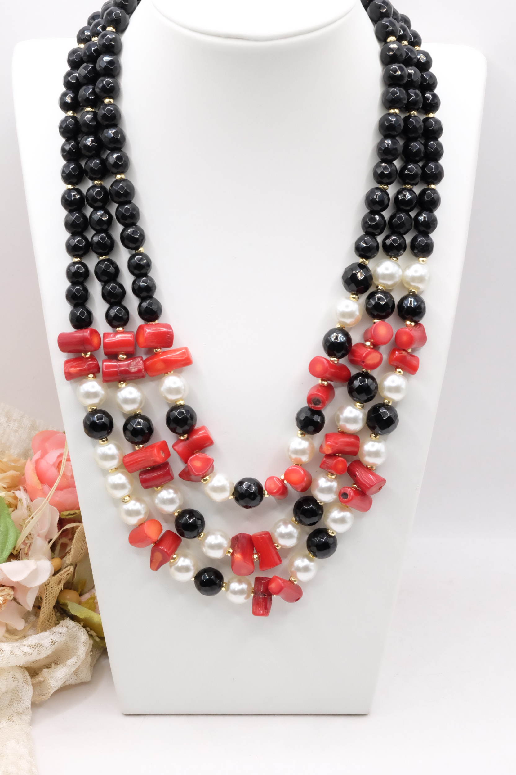 COLLANA MULTIFILO ONICE PERLE CORALLO BAMBOO FILIGRANA ARTIGIANALE (2)