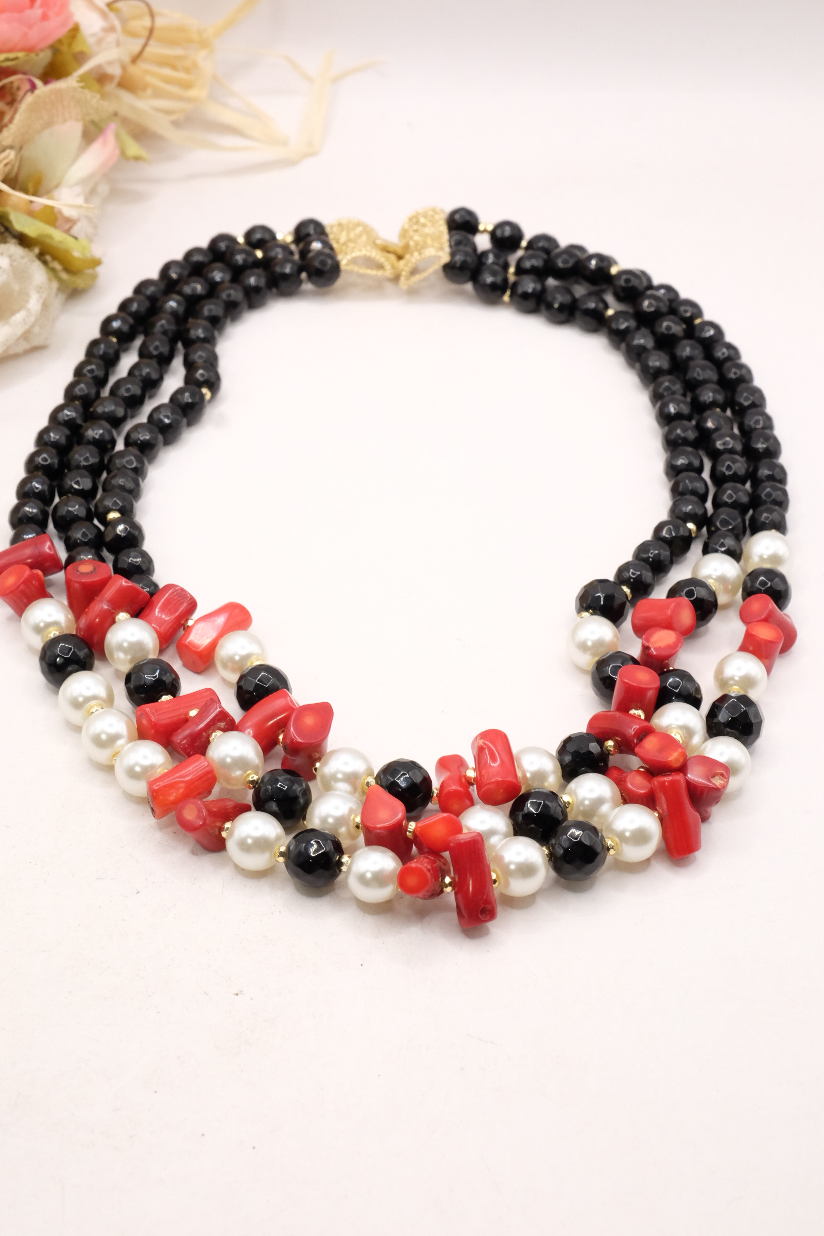 COLLANA MULTIFILO ONICE PERLE CORALLO BAMBOO FILIGRANA ARTIGIANALE (3)