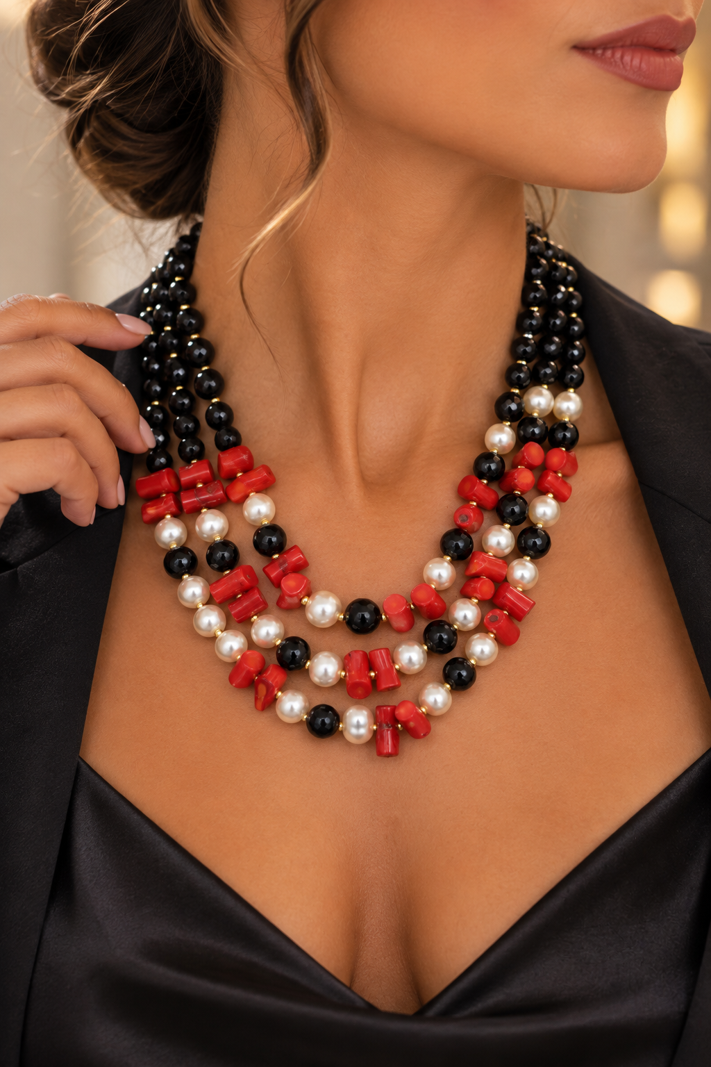 COLLANA MULTIFILO ONICE PERLE CORALLO BAMBOO FILIGRANA ARTIGIANALE