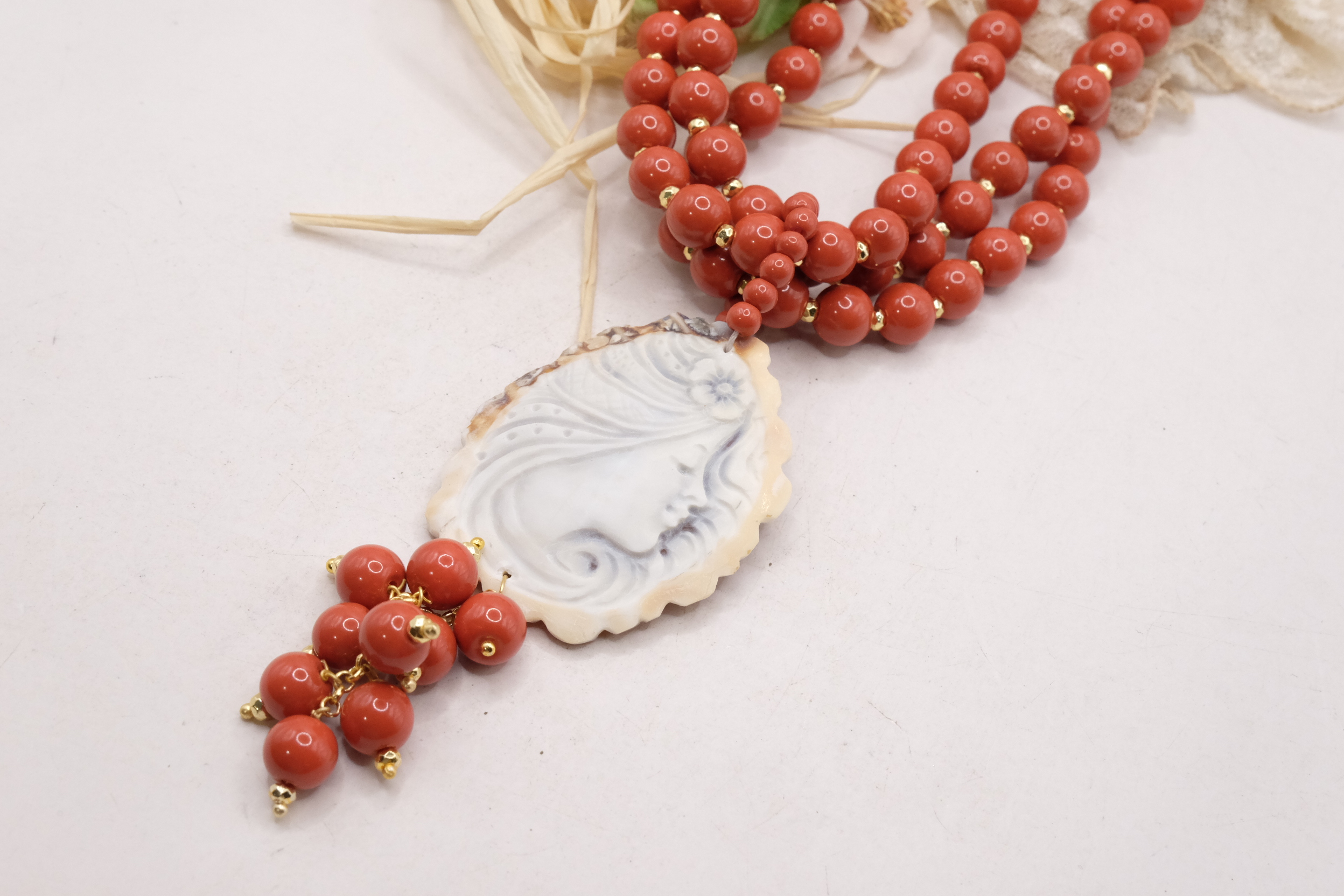 COLLANA MULTIFILO PASTA DI CORALLO CAMMEO ARTIGIANALE TORRE DEL GRECO (1)