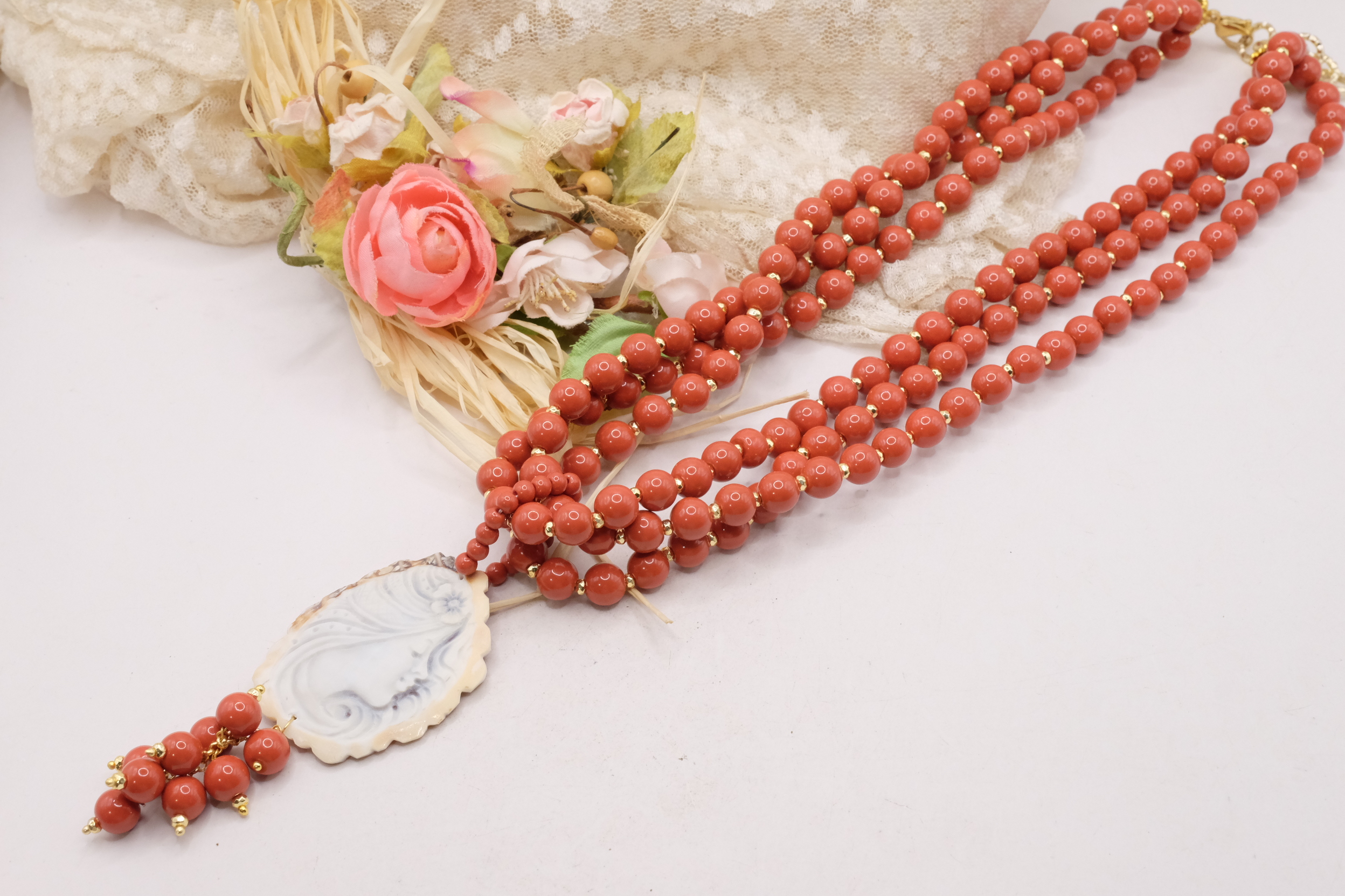 COLLANA MULTIFILO PASTA DI CORALLO CAMMEO ARTIGIANALE TORRE DEL GRECO (3)