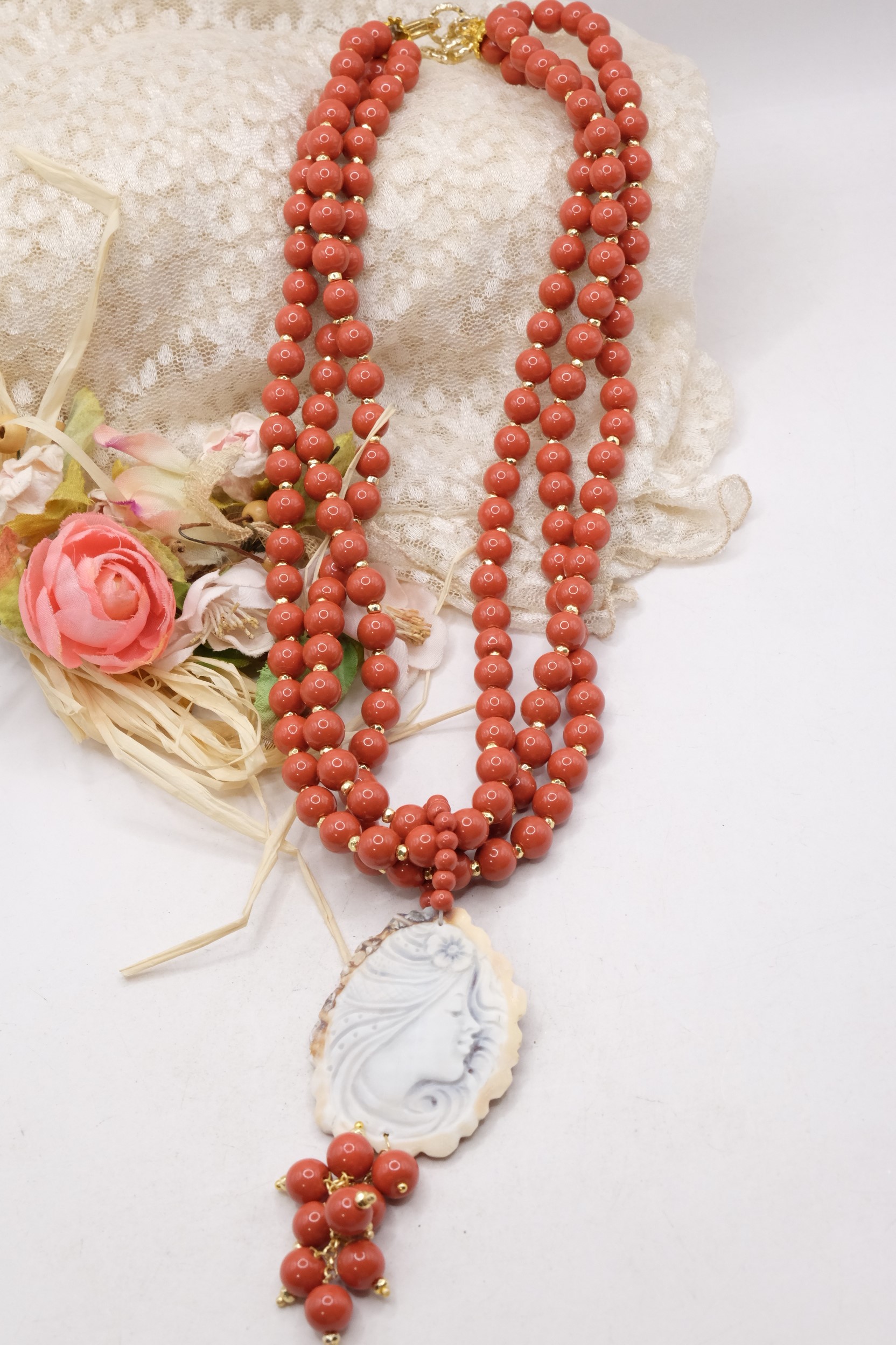 COLLANA MULTIFILO PASTA DI CORALLO CAMMEO ARTIGIANALE TORRE DEL GRECO (6)