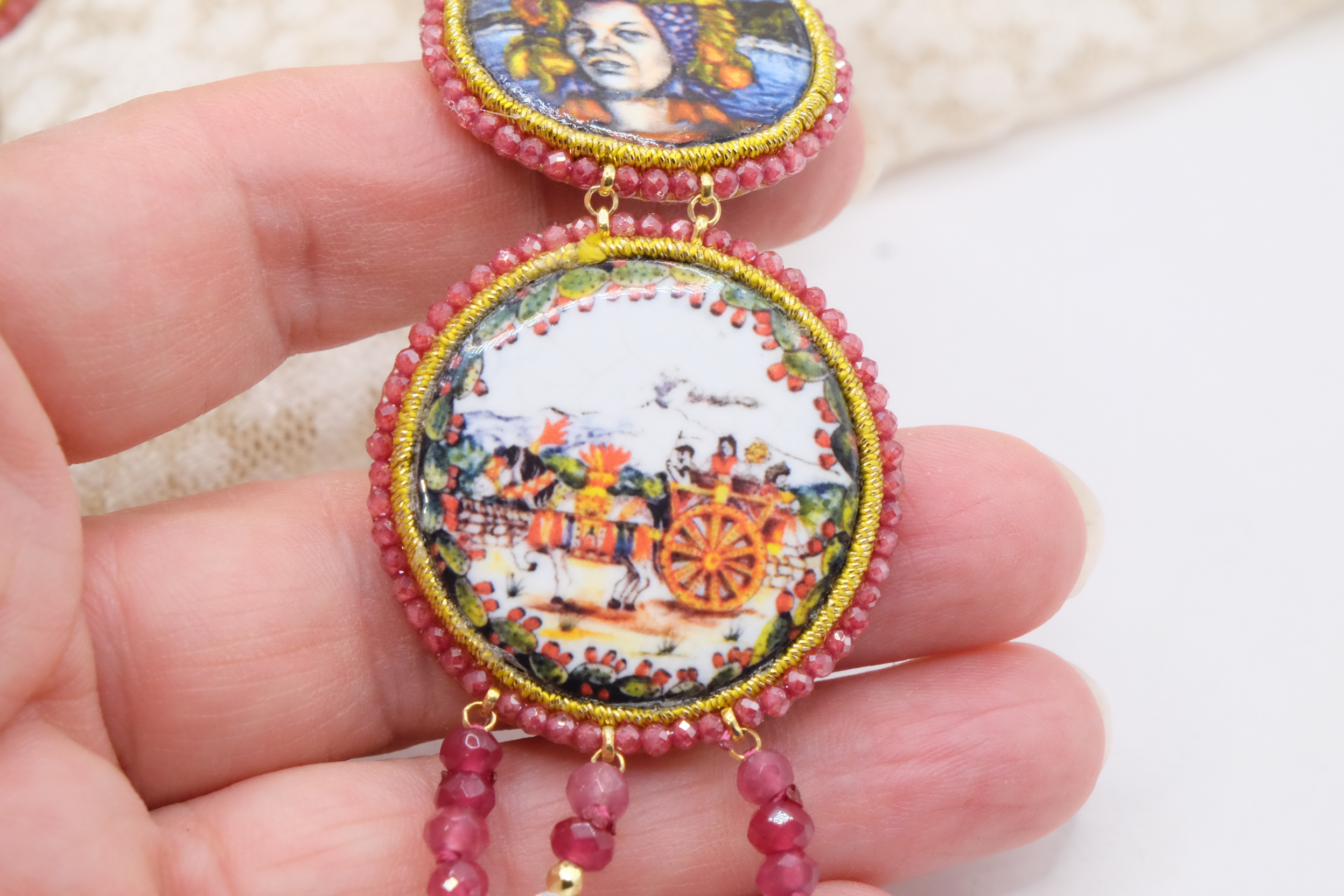 COLLANA MULTIFILO PERLE RADICE DI RUBINO RUBY CERAMICA DI CALTAGIRONE ARTIGIANALE ARGENTO DORATO MATTONELLE SICILIANA (1)