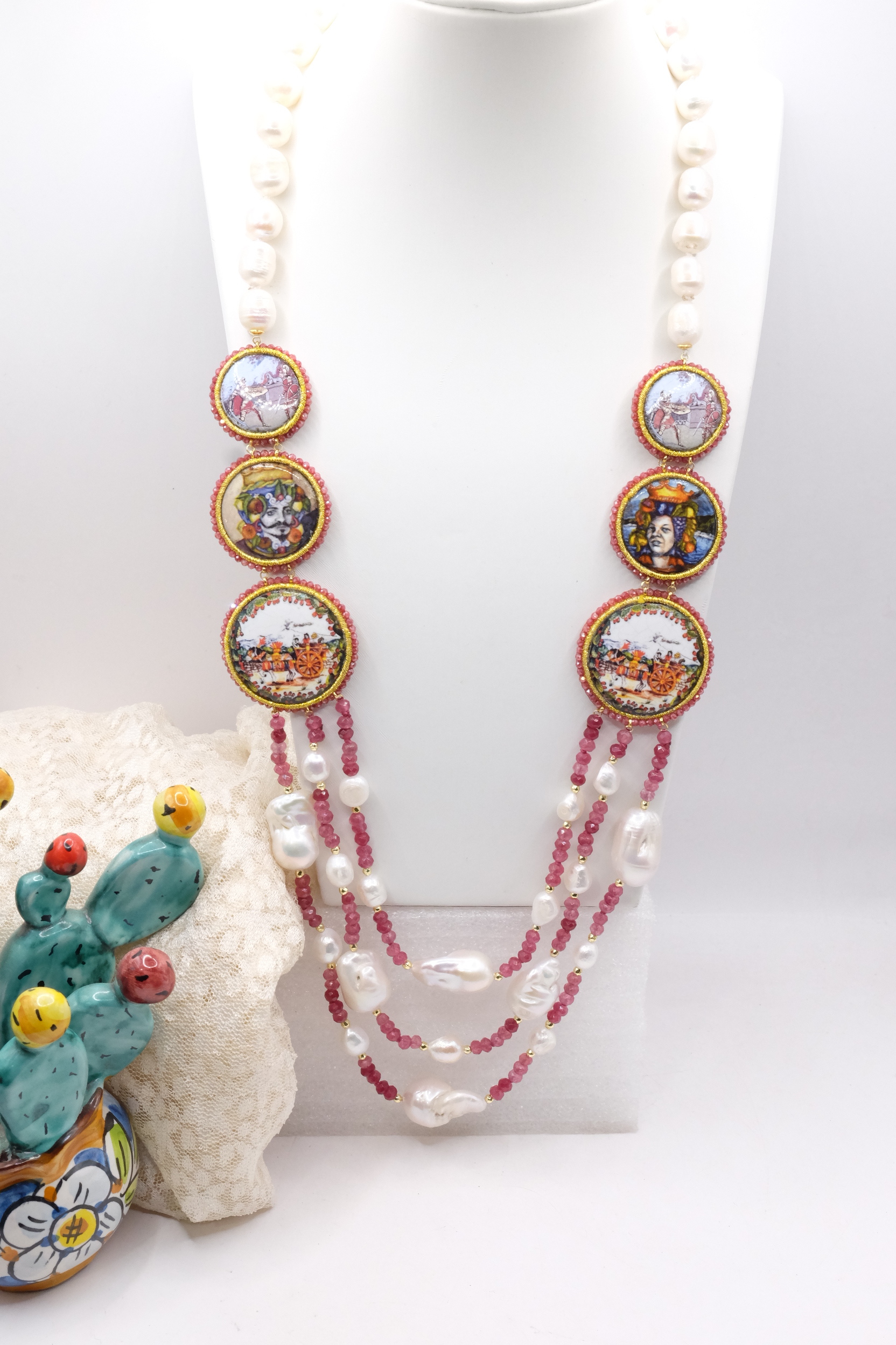 COLLANA MULTIFILO PERLE RADICE DI RUBINO RUBY CERAMICA DI CALTAGIRONE ARTIGIANALE ARGENTO DORATO MATTONELLE SICILIANA (2)