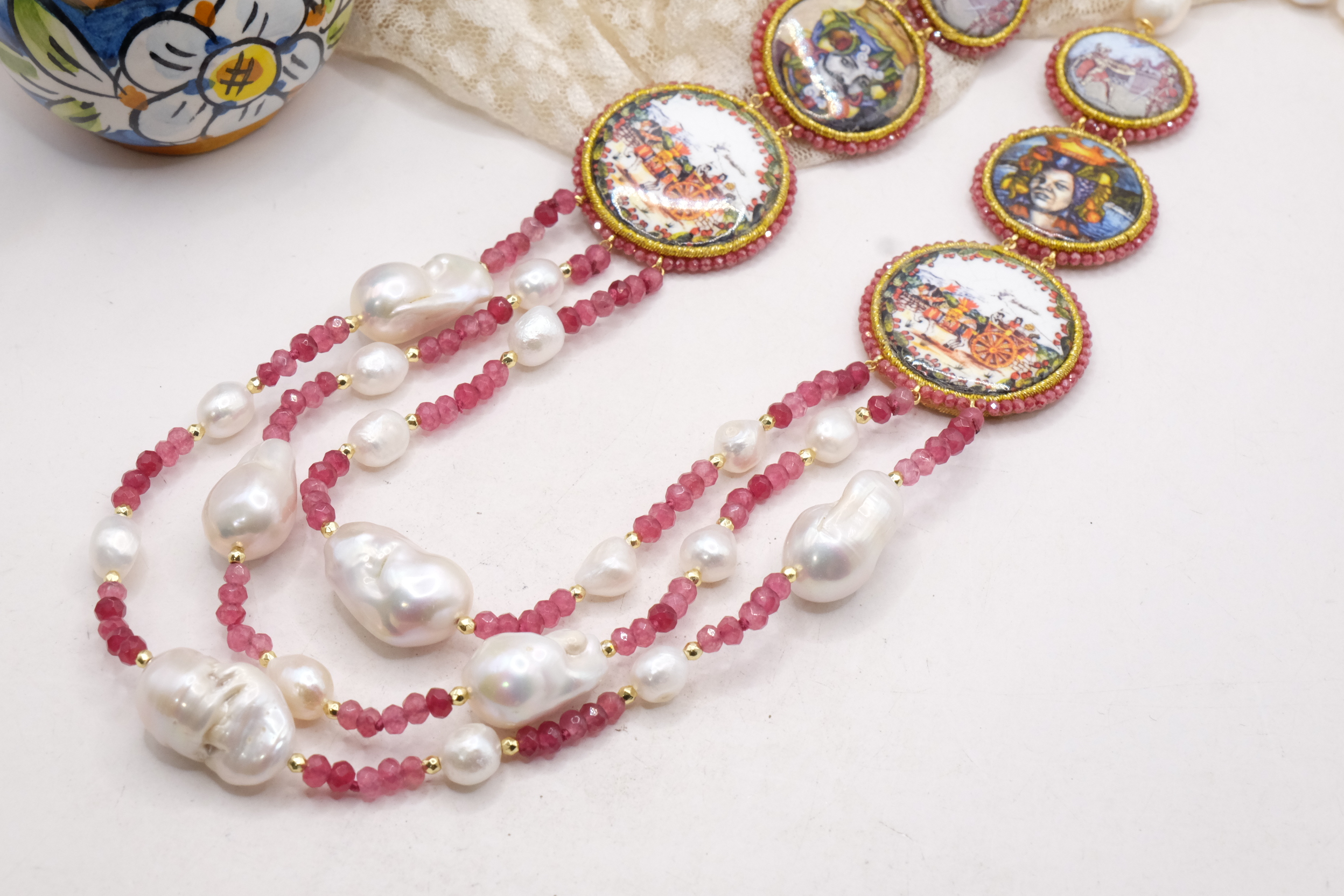 COLLANA MULTIFILO PERLE RADICE DI RUBINO RUBY CERAMICA DI CALTAGIRONE ARTIGIANALE ARGENTO DORATO MATTONELLE SICILIANA (3)