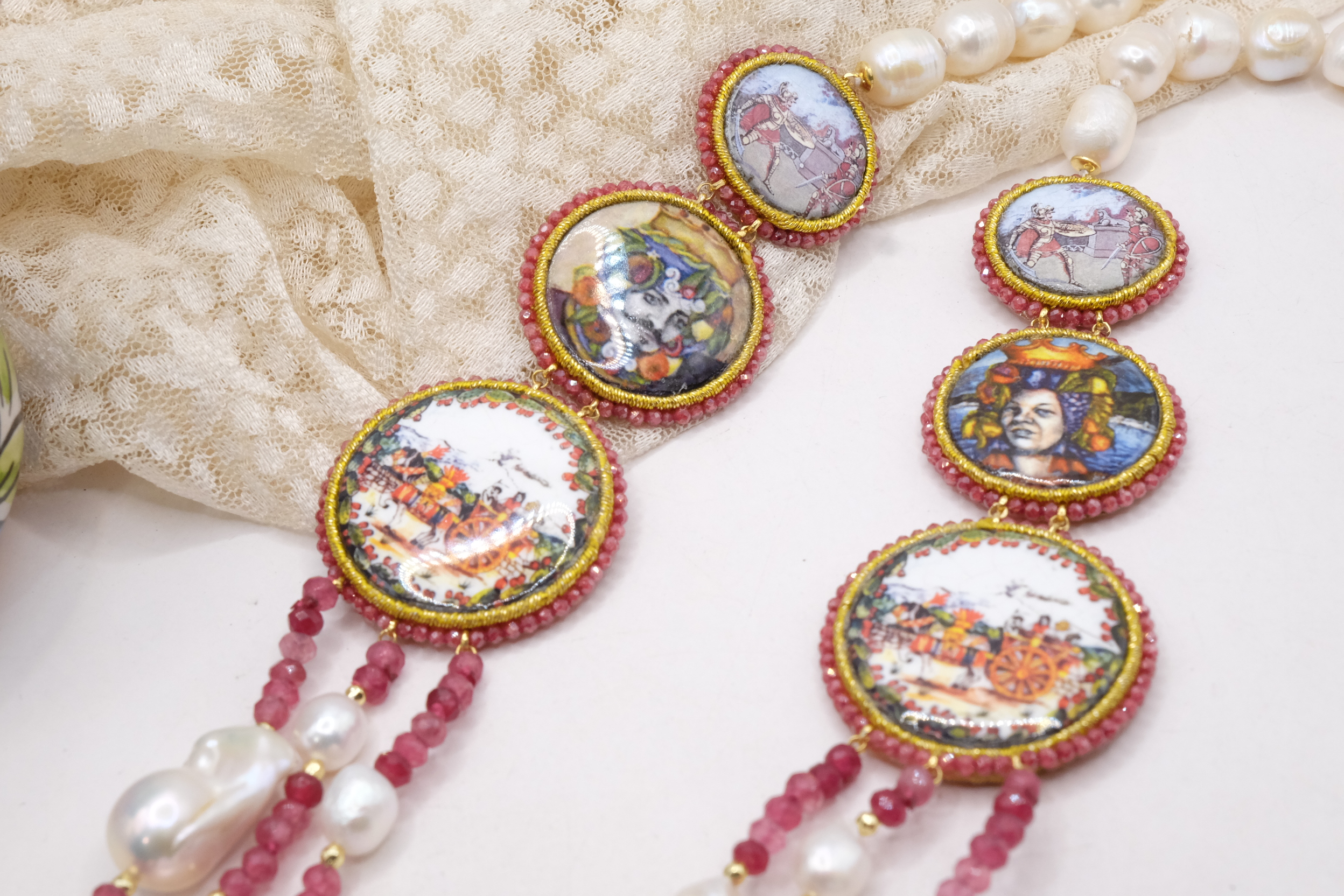 COLLANA MULTIFILO PERLE RADICE DI RUBINO RUBY CERAMICA DI CALTAGIRONE ARTIGIANALE ARGENTO DORATO MATTONELLE SICILIANA (4)