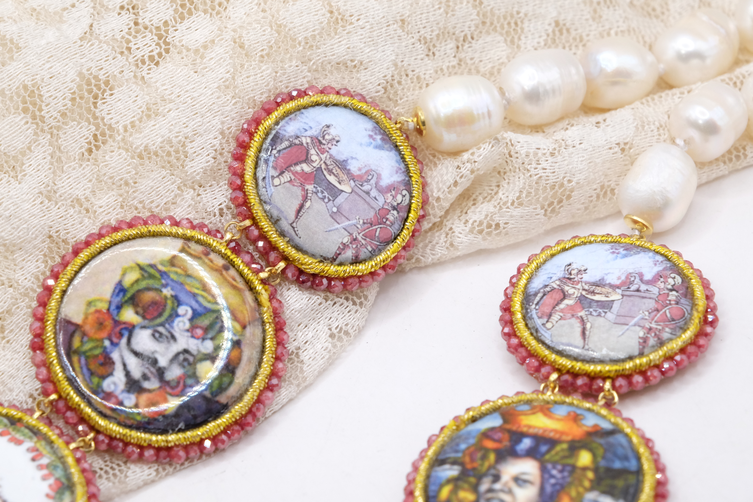 COLLANA MULTIFILO PERLE RADICE DI RUBINO RUBY CERAMICA DI CALTAGIRONE ARTIGIANALE ARGENTO DORATO MATTONELLE SICILIANA (5)