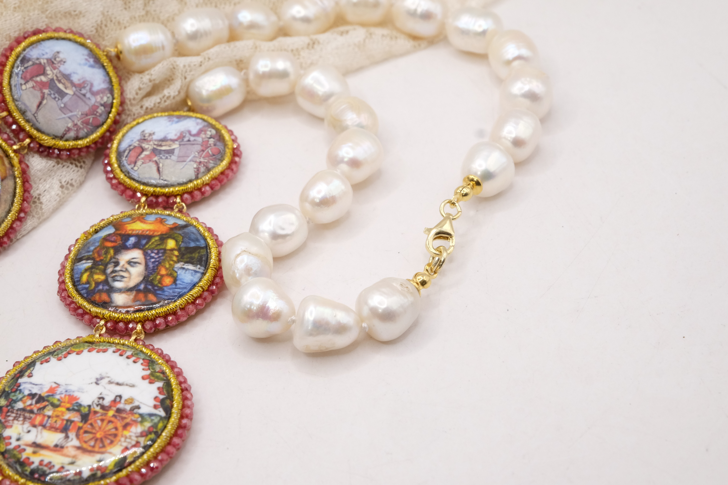 COLLANA MULTIFILO PERLE RADICE DI RUBINO RUBY CERAMICA DI CALTAGIRONE ARTIGIANALE ARGENTO DORATO MATTONELLE SICILIANA (6)