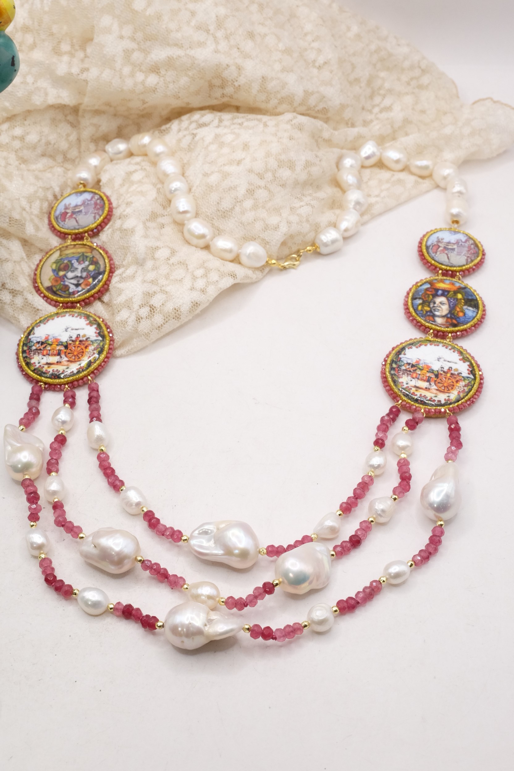 COLLANA MULTIFILO PERLE RADICE DI RUBINO RUBY CERAMICA DI CALTAGIRONE ARTIGIANALE ARGENTO DORATO MATTONELLE SICILIANA (7)